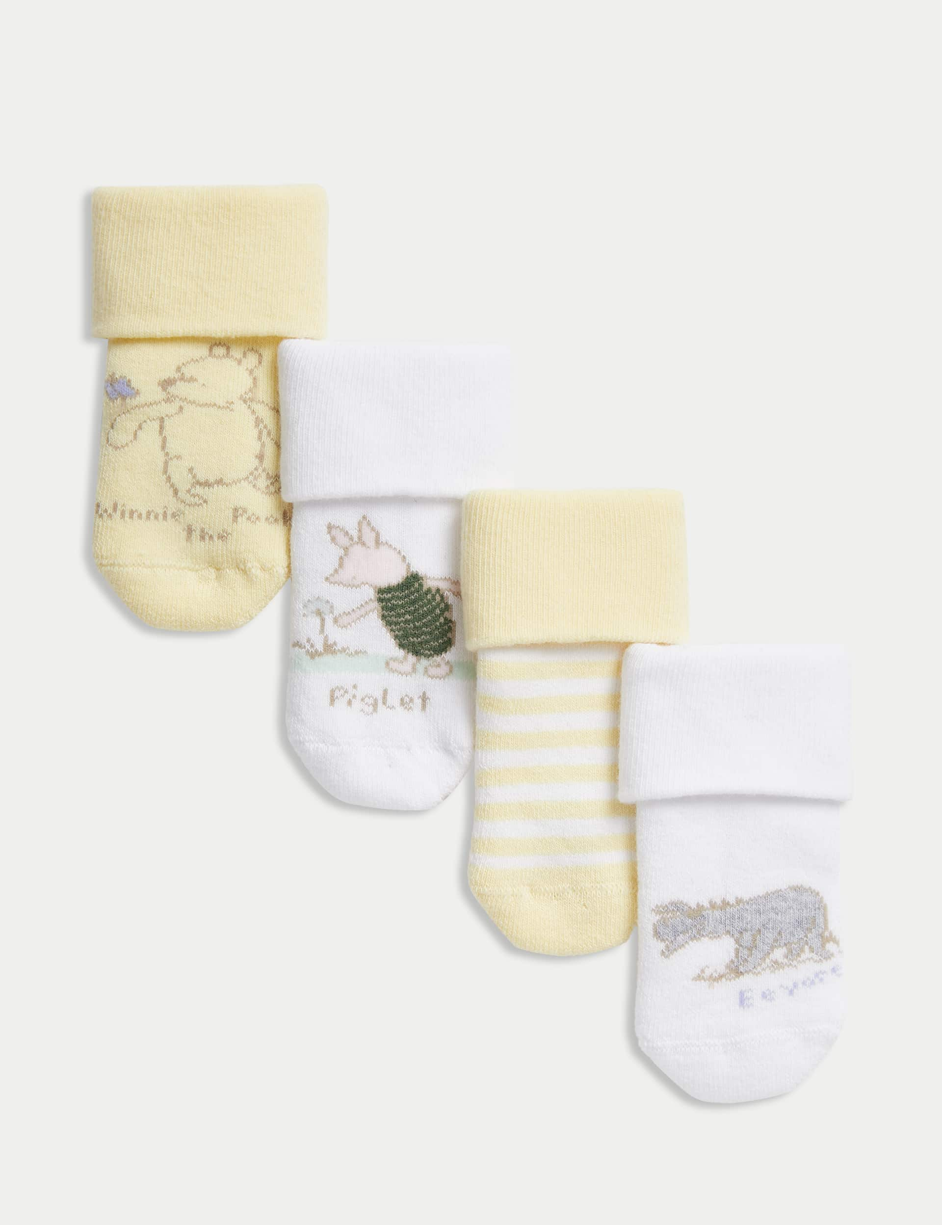 M&S 4pk Cotton Rich Winnie the Pooh Socks - 12-24 - Multi, Multi