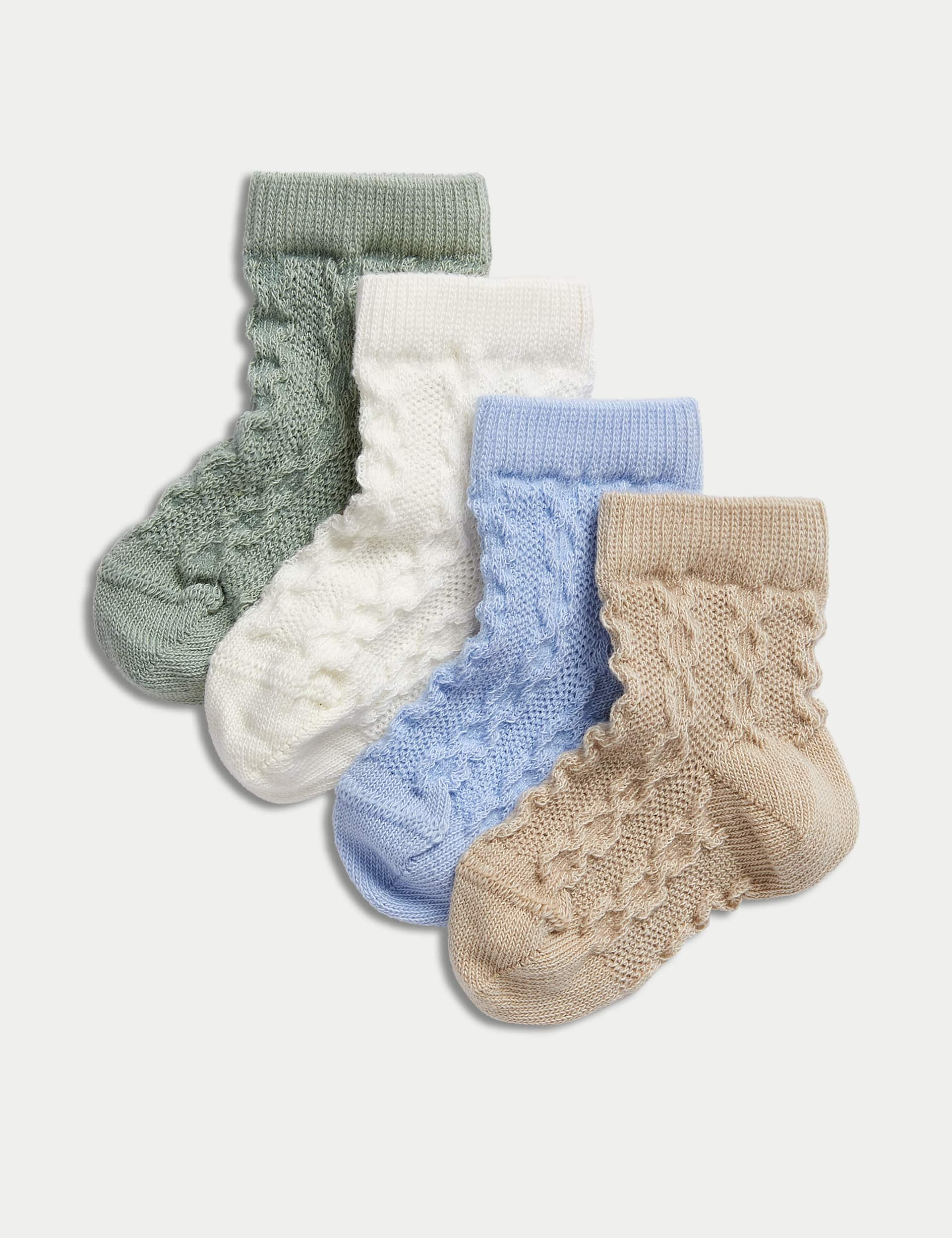 M&S 4pk Cotton Rich Cable Knit Socks (0-3 Yrs) - 2-3Y - Multi, Multi