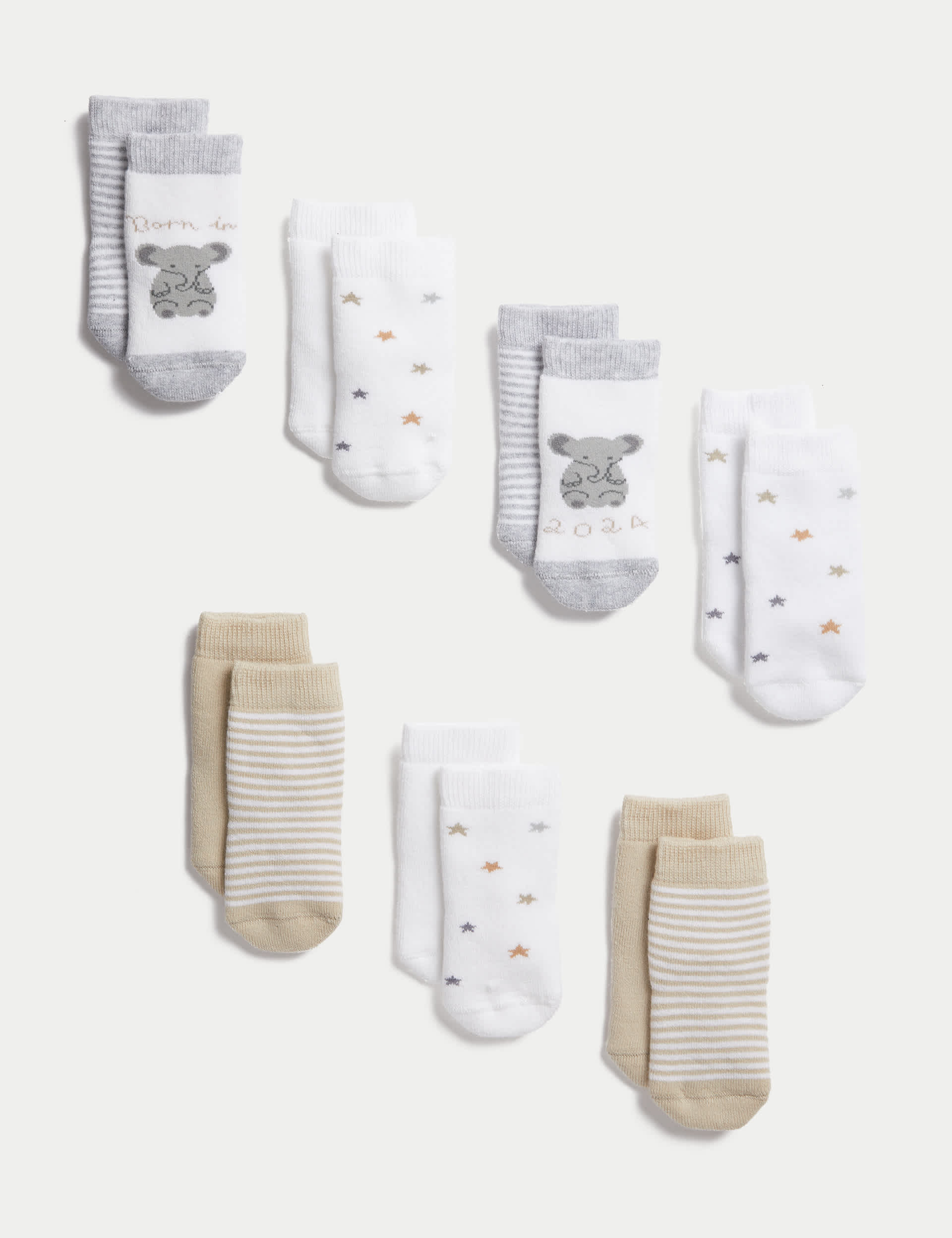 M&S 7pk Cotton Rich Born in 2024 Socks - 0-6 - Multi, Multi