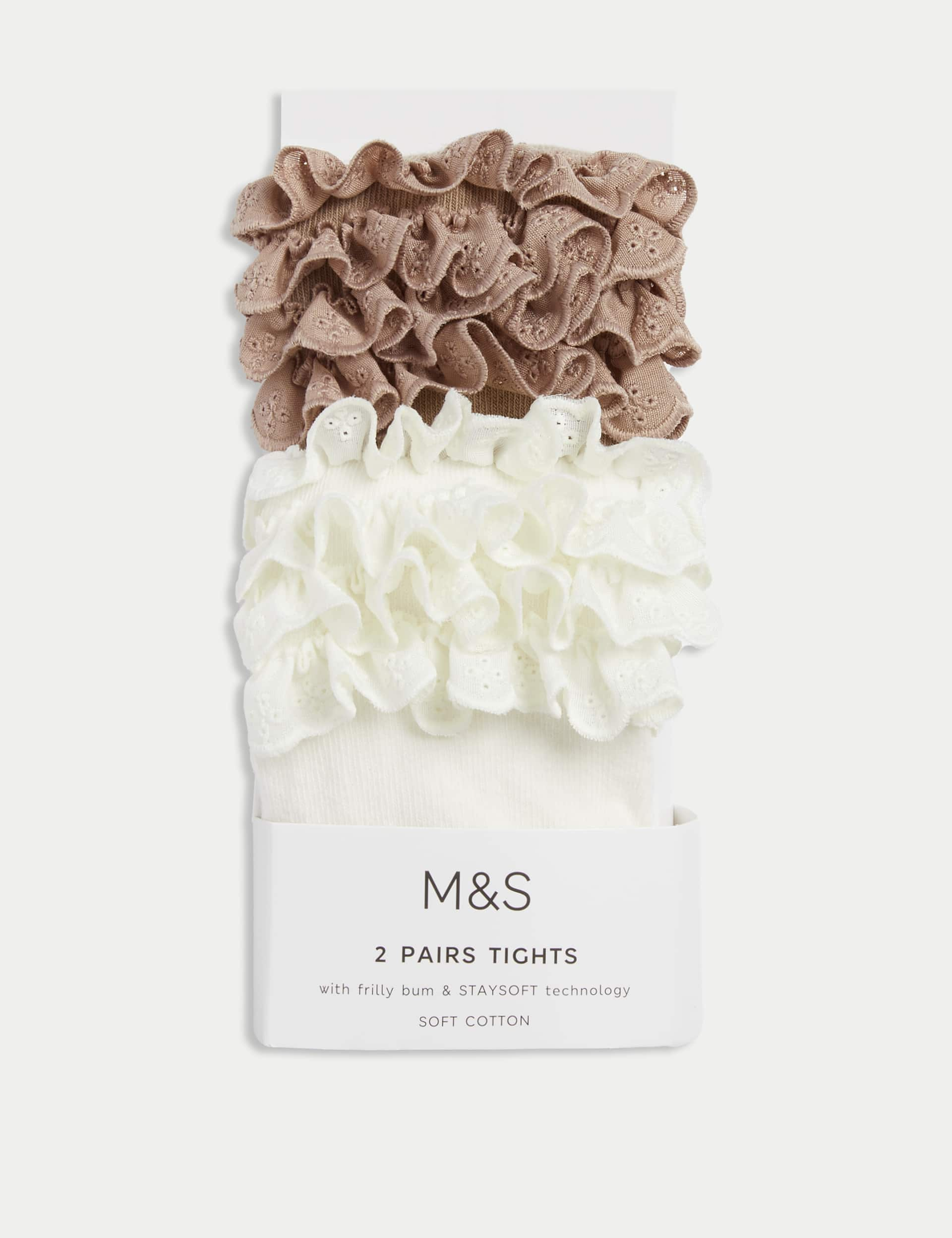 M&S Girls 2pk Cotton Rich Frilly Tights (0-24 Mths) - 0-6M - Ivory Mix, Ivory Mix