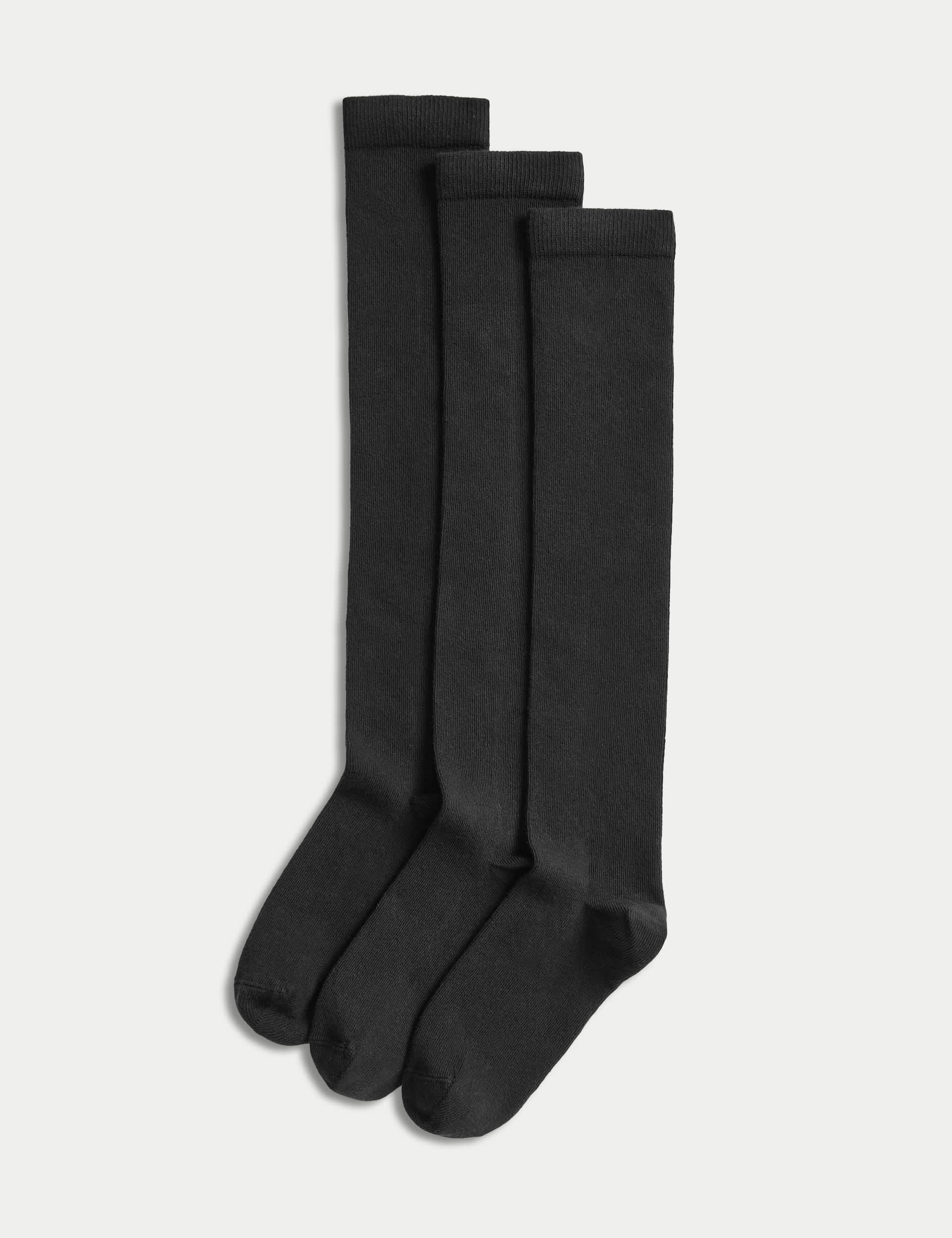 M&S Girls 3pk Cotton Rich Over the Knee Socks - 4-7 - Black, Black,Grey,Navy