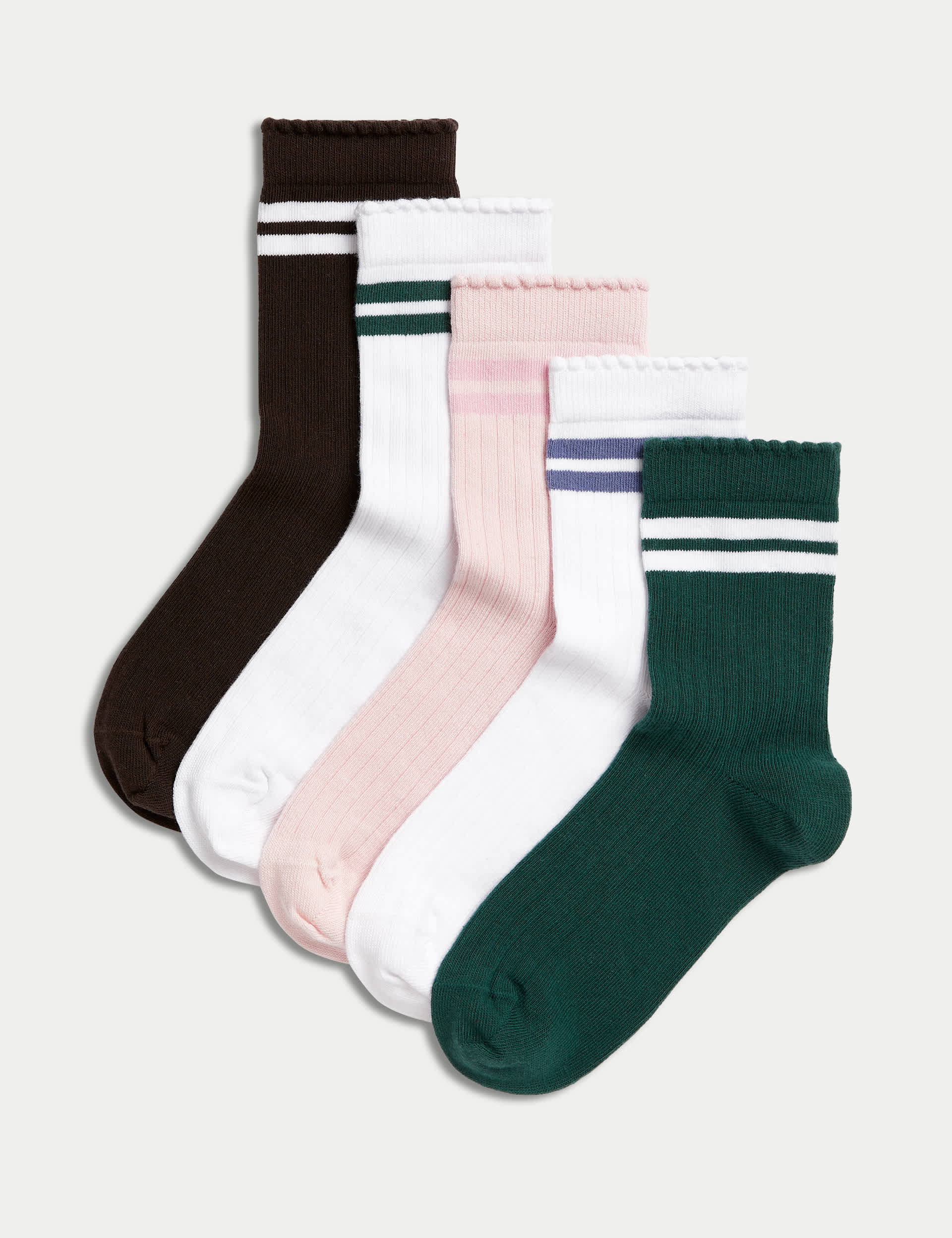 M&S Girls 5pk Cotton Rich Striped Sports Ribbed Socks (6 Small - 7 Large) - 8-12 - Multi, Multi