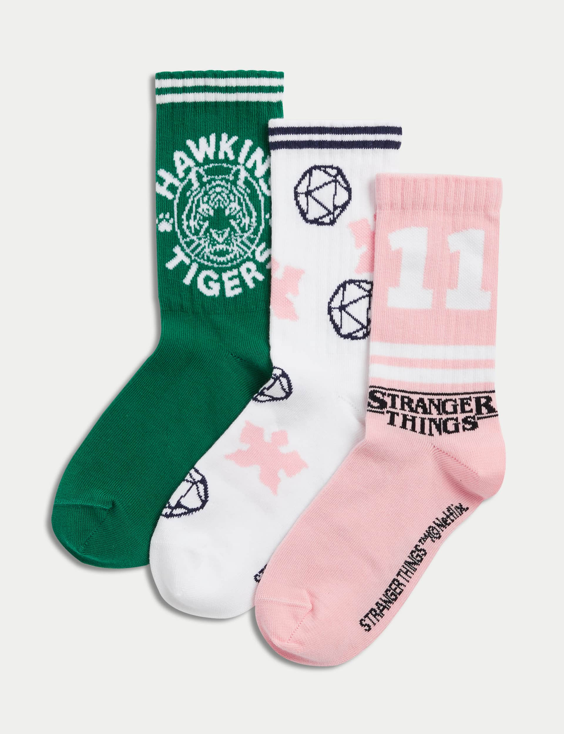 M&S Girls 3pk Cotton Rich Stranger Things Ribbed Sport Socks - 12+3+ - Multi, Multi