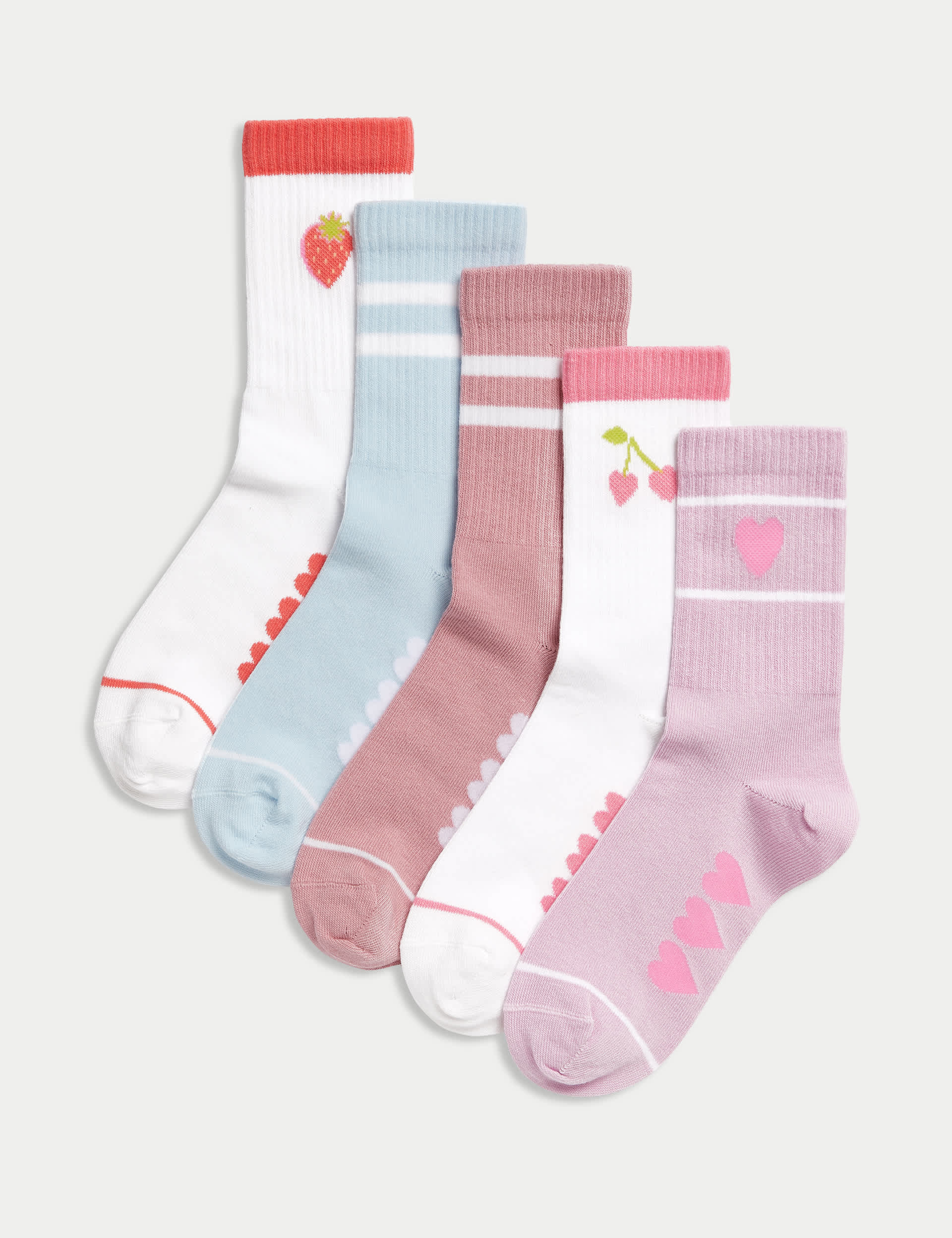 M&S Girls 5pk Cotton Rich Ribbed Striped Heart Sport Socks (6 Small -7 Large) - 8-12 - Multi, Multi