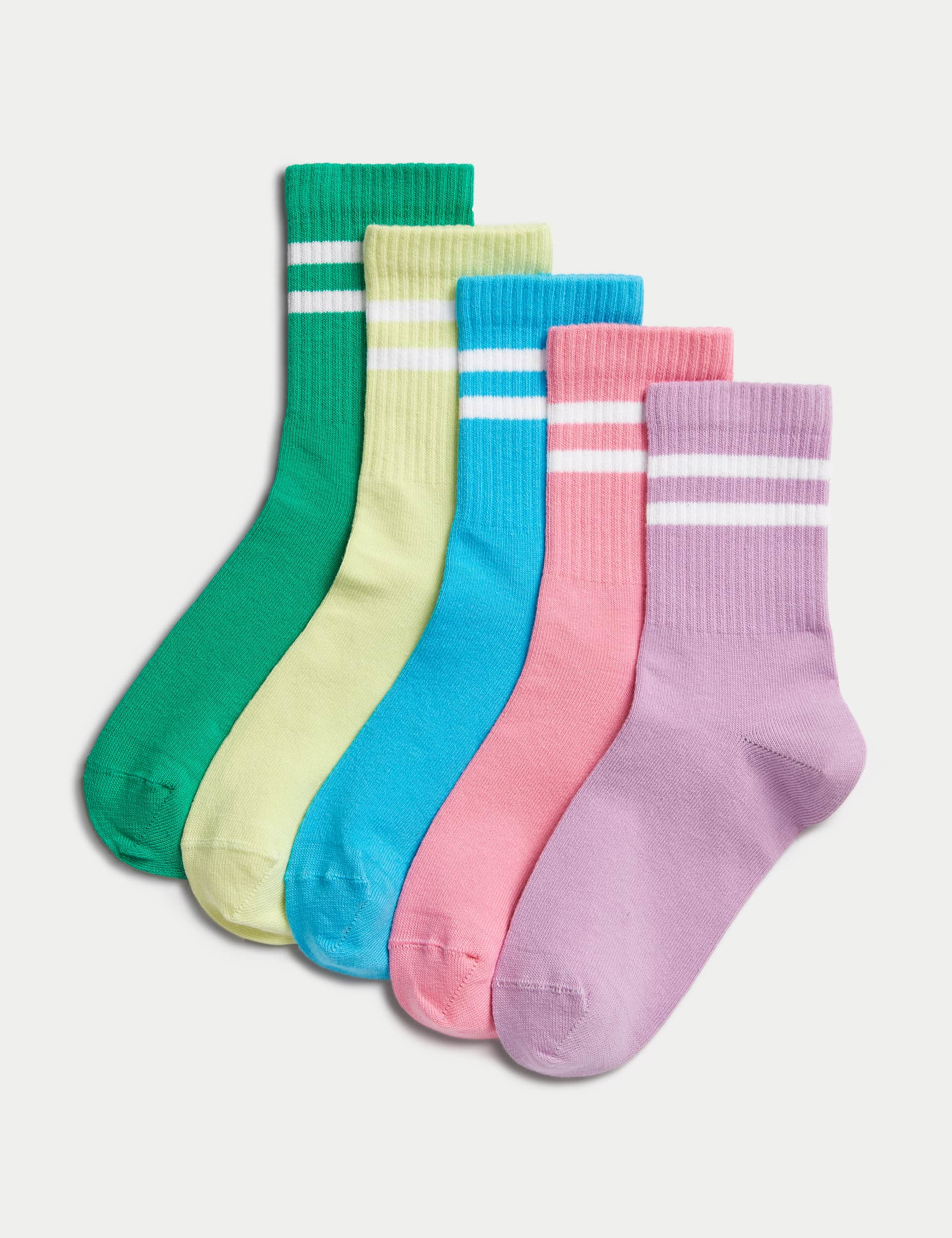 M&S 5pk Cotton Rich Ribbed Striped Sport Socks (6 Small - 7 Large) - 6-8+ - Multi, Multi