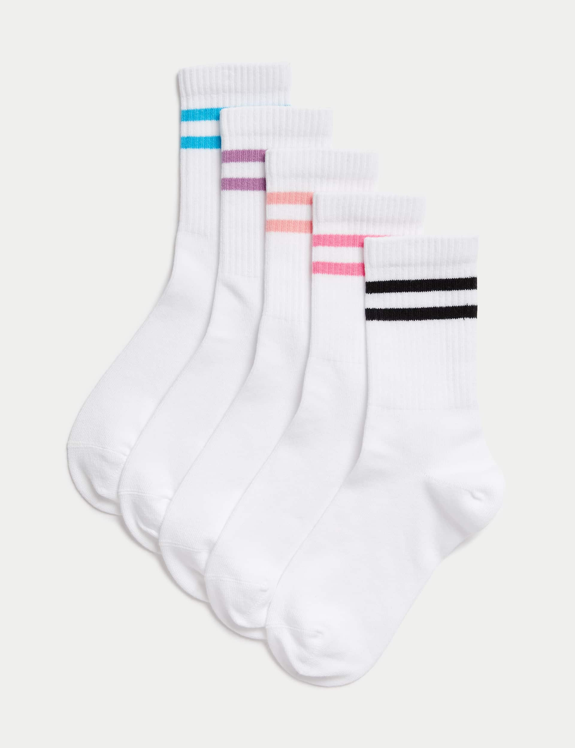 M&S 5pk Cotton Rich Ribbed Striped Sport Socks (6 Small - 7 Large) - 6-8+ - White Mix, White Mix