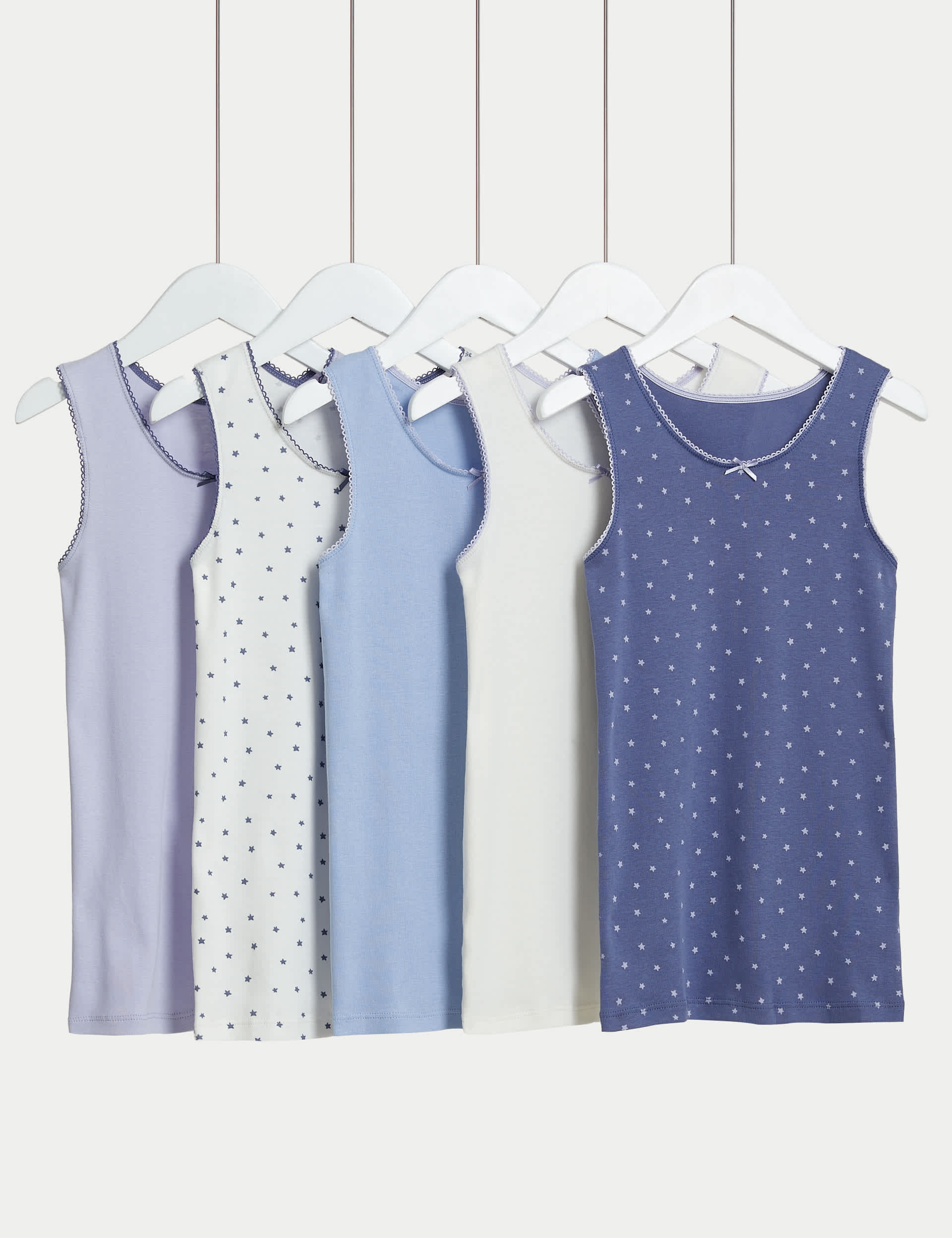 M&S Girls 5pk Pure Cotton Stars & Plain Vests (2-14 Yrs) - 3-4 Y - Lilac Mix, Lilac Mix