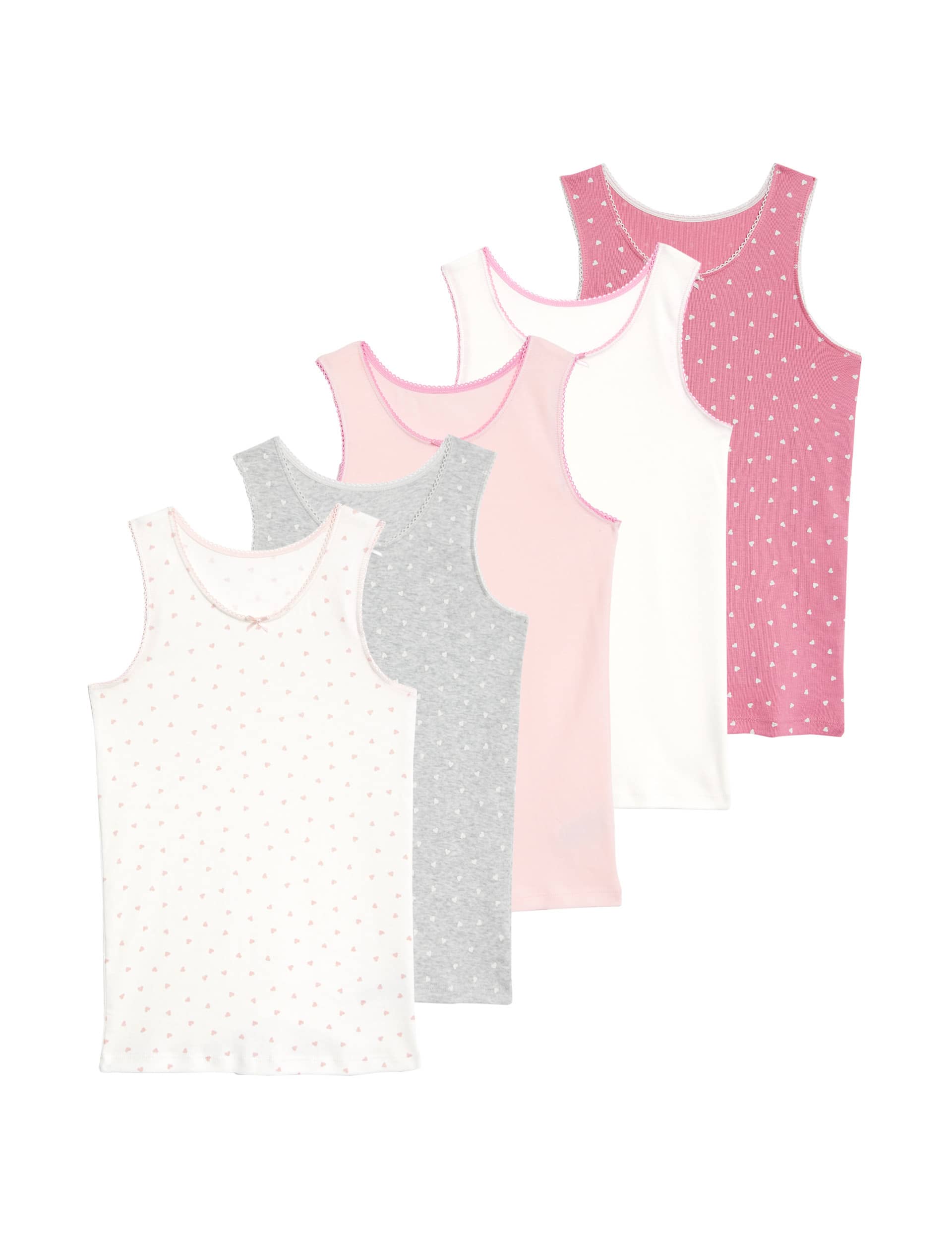 M&S Collection Girls 5pk Pure Cotton Heart & Plain Vests (2-14 Yrs) - 2-3 Y - Pink Mix, Pink Mix