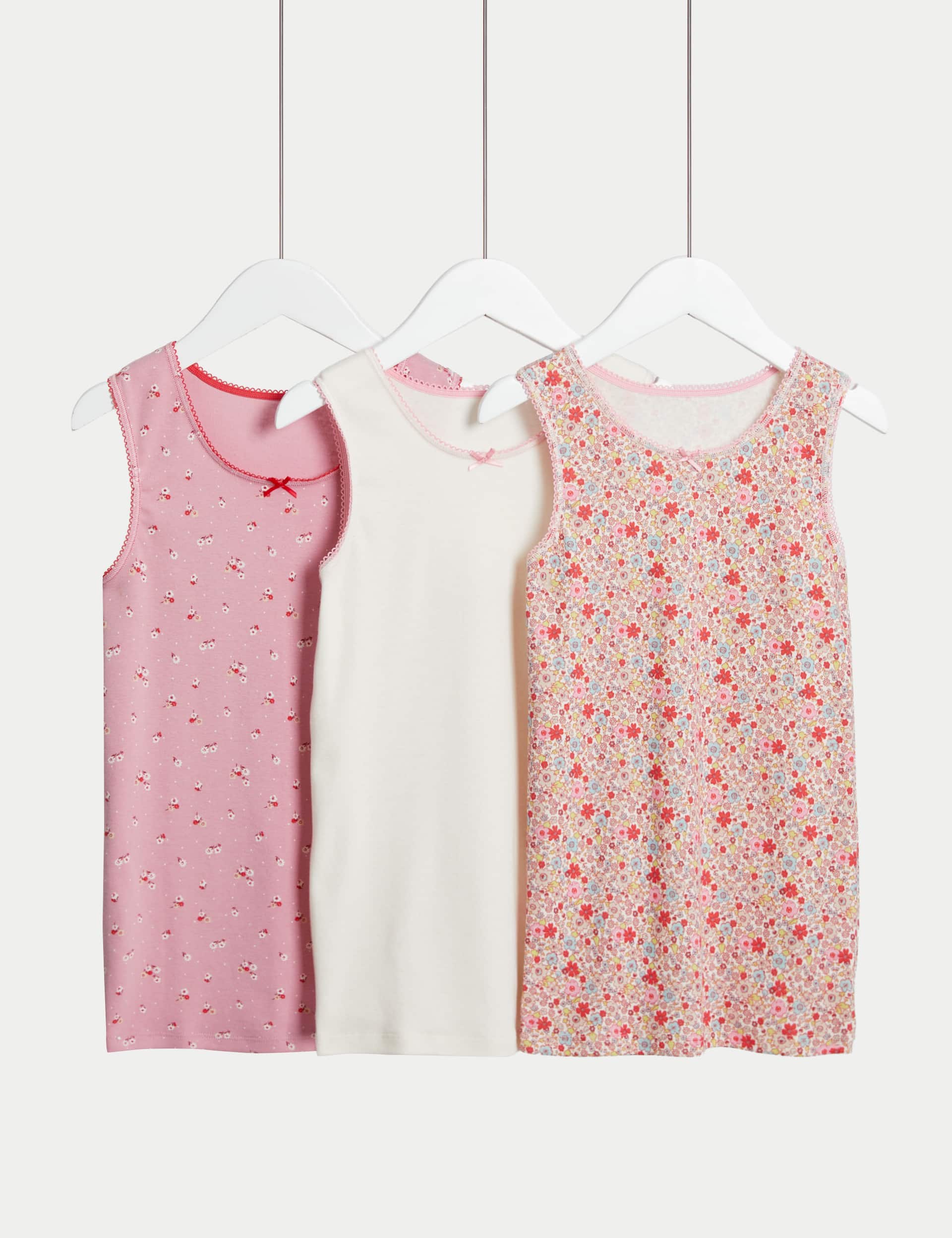 M&S Girls 3pk Pure Cotton Floral Vests (2-14 Yrs)