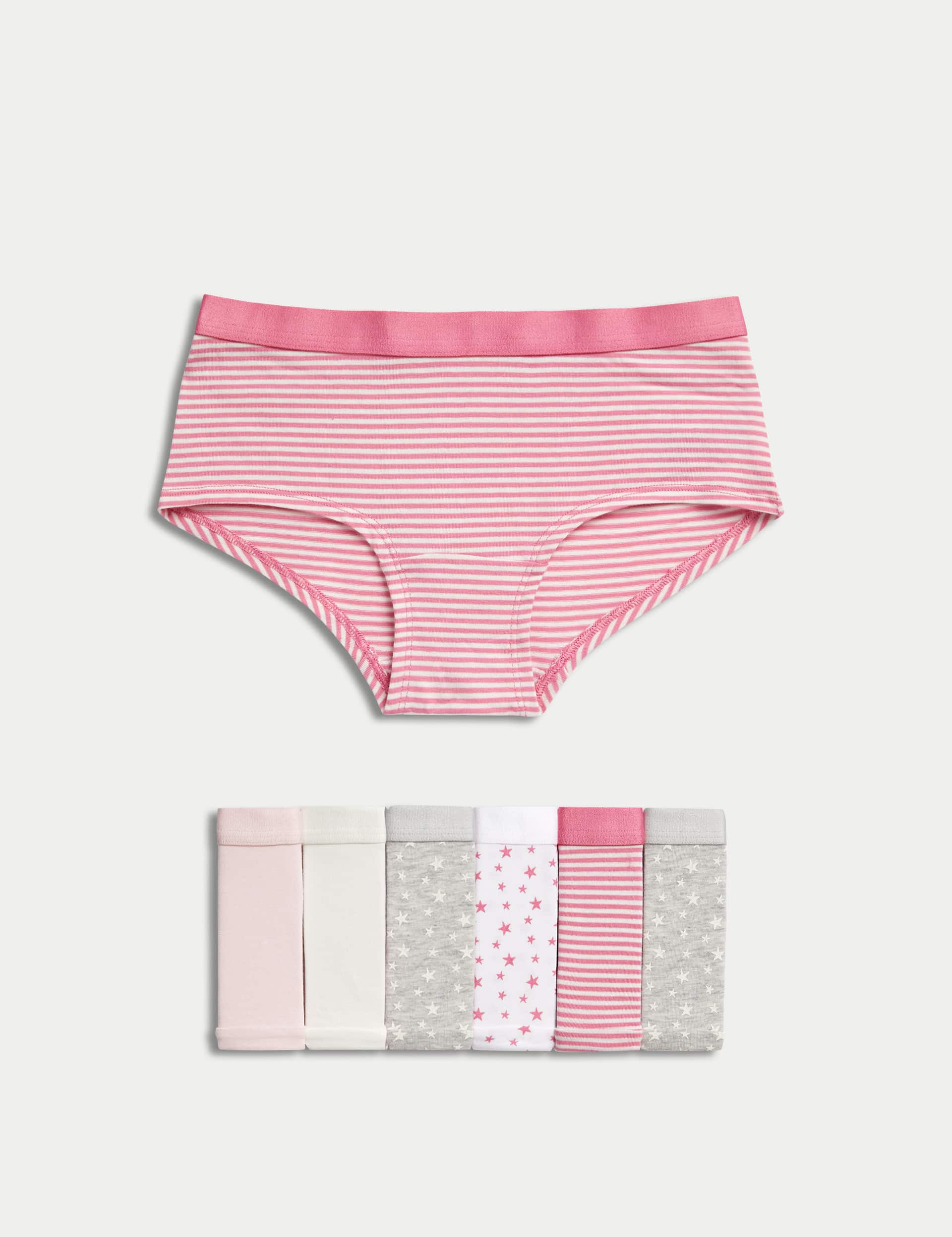 M&S Girls 7pk Cotton with Stretch Patterned Shorts (5-16 Yrs) - 15-16 - Pink Mix, Pink Mix