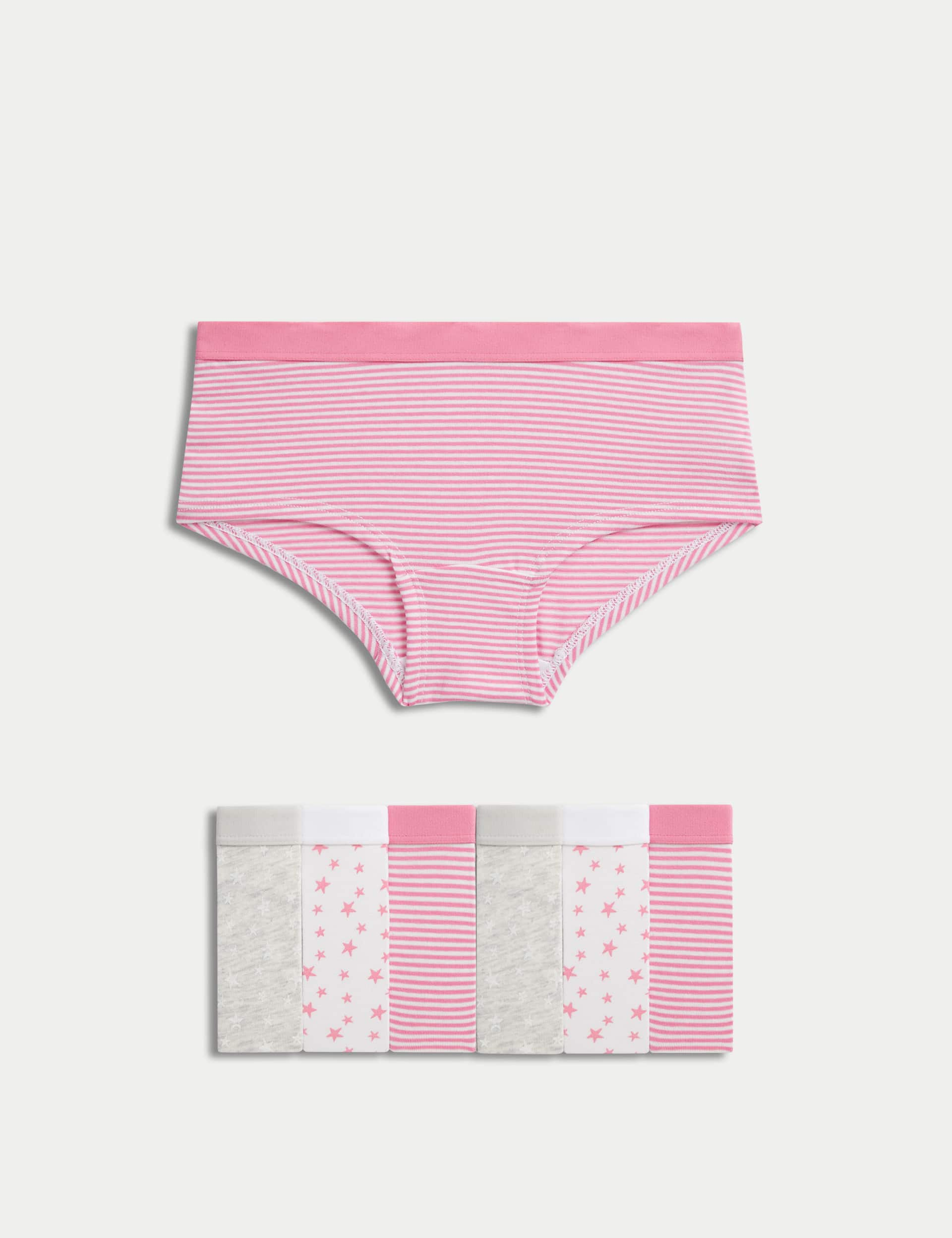 M&S Girls 7pk Cotton Rich Stripes & Stars Shorts (5-16 Yrs) - 11-12 - Pink Mix, Pink Mix