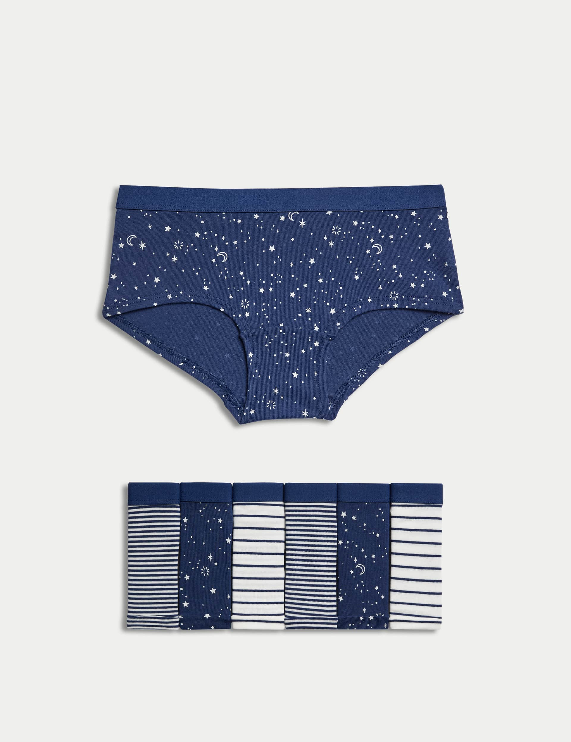 M&S Girls 7pk Cotton with Stretch Striped & Stars Shorts (5-16 Yrs) - 5-6 Y - Navy Mix, Navy Mix