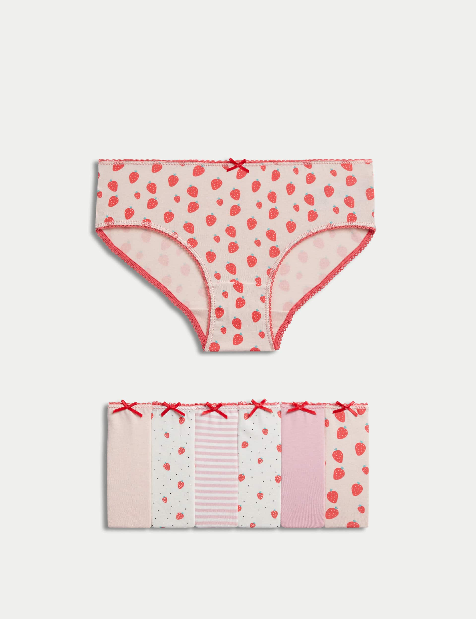 M&S Girls 7pk Cotton with Stretch Strawberry Knickers (2-12 Yrs) - 8-9 Y - Red Mix, Red Mix