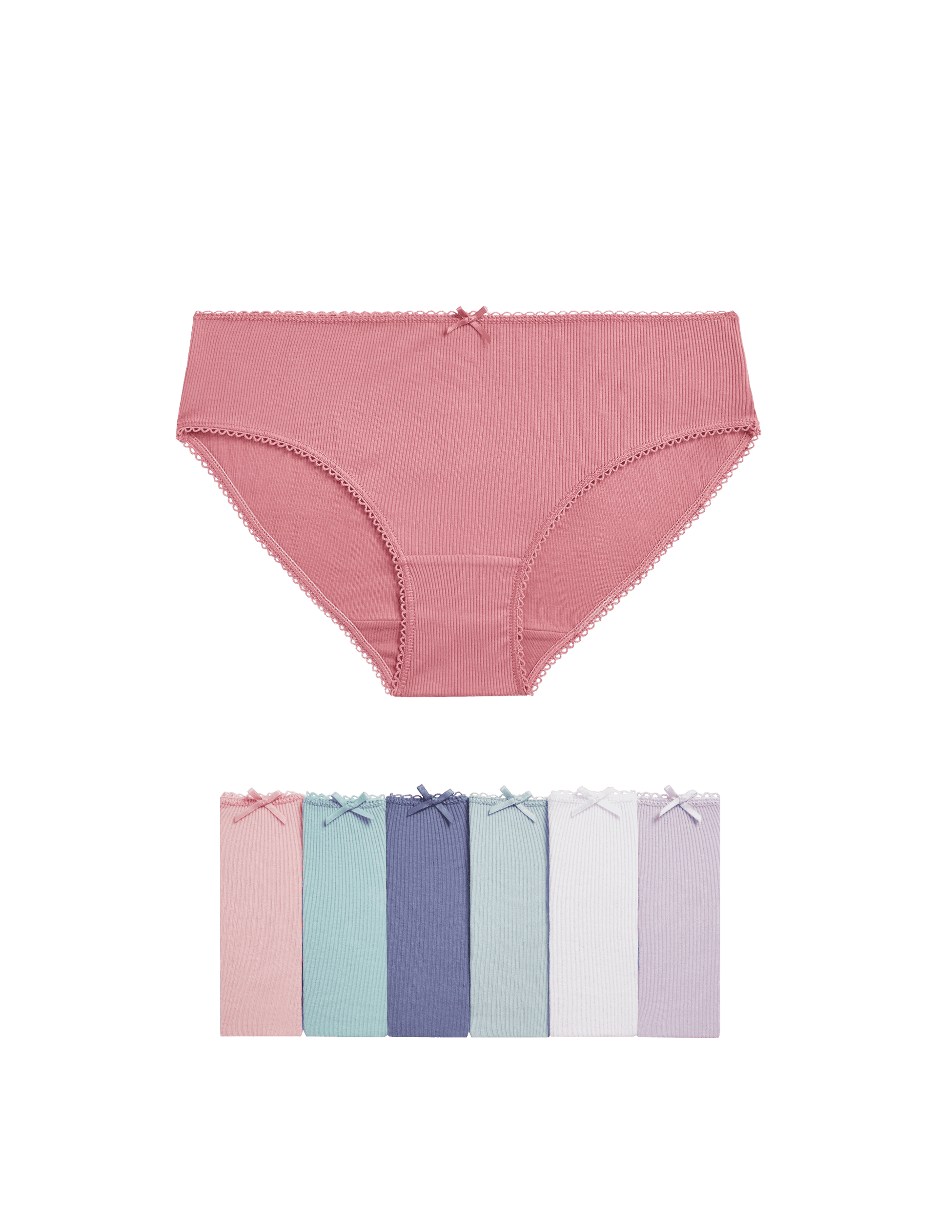 M&S Collection Girls 7pk Cotton with Stretch Ribbed Knickers (2-12 Yrs) - 7-8 Y - Multi, Multi