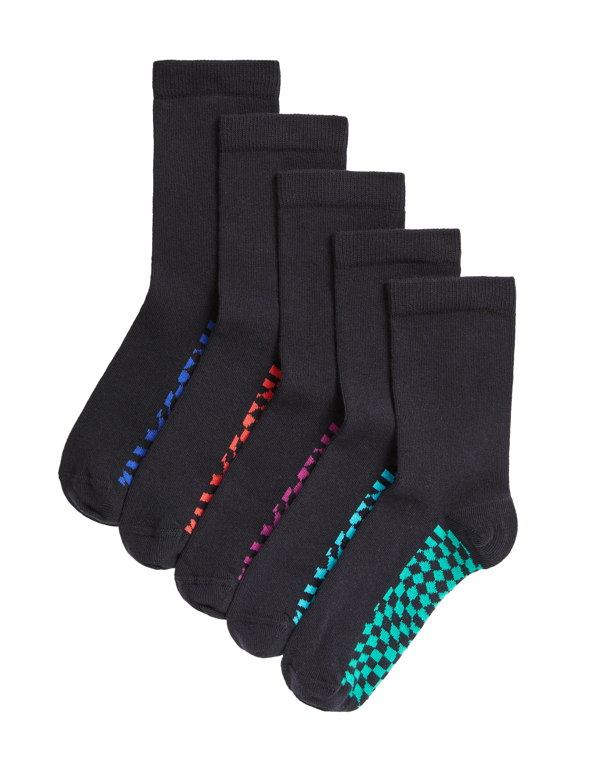 M&S Collection 5pk Cotton Rich Checkerboard School Socks - 12+3+ - Black Mix, Black Mix