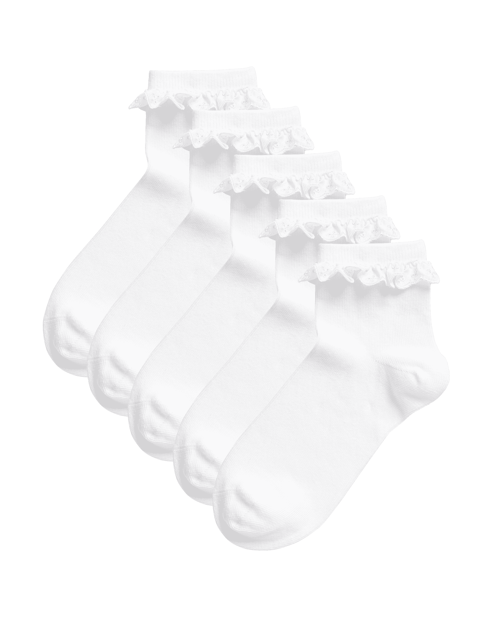 M&S Collection Girls 5pk Cotton Blend Frill Socks (6 Small - 7 Large) - 8-12 - White, White