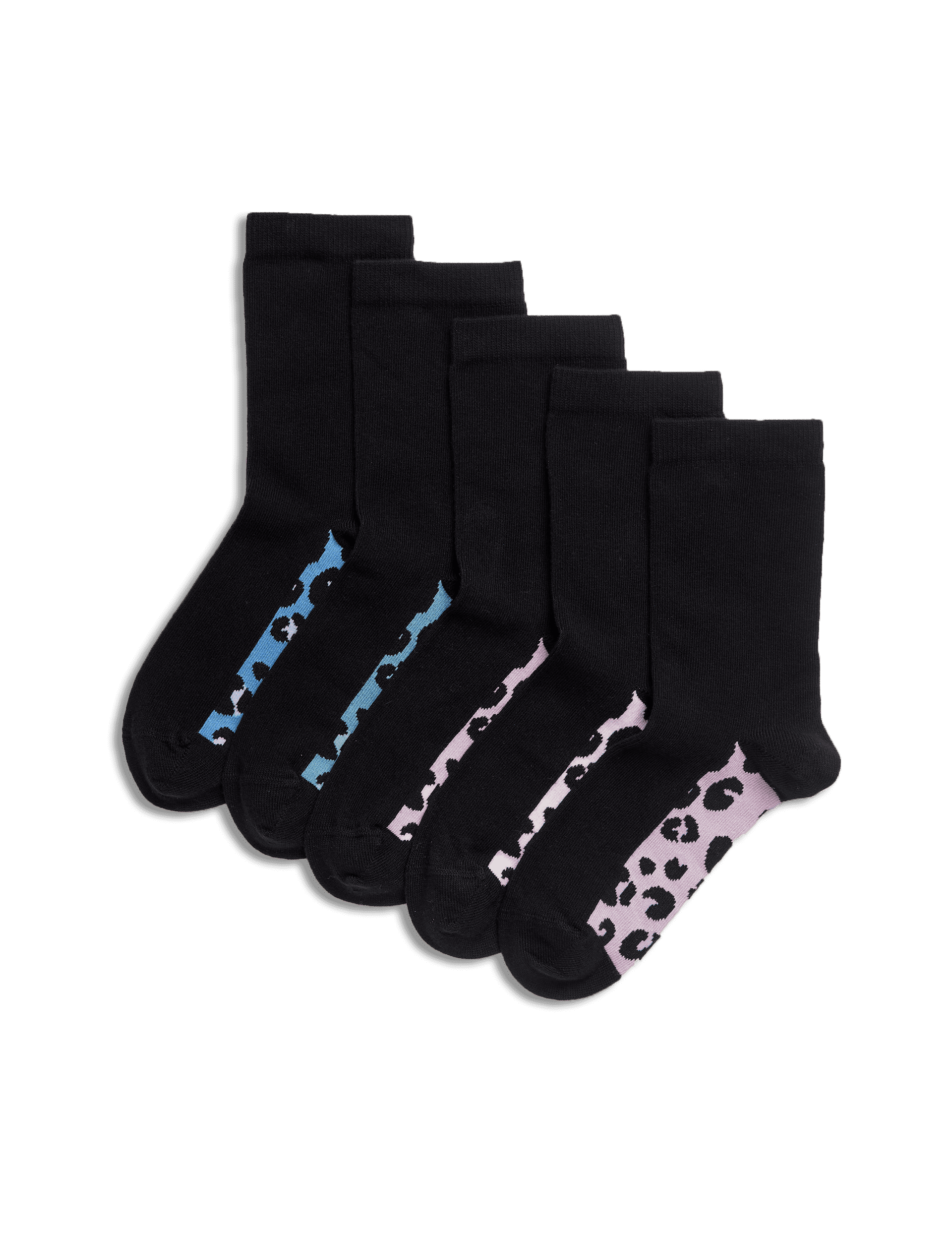 M&S Collection Girls 5pk Cotton Rich Leopard Socks (6 Small - 7 Large) - 12+3+ - Black, Black