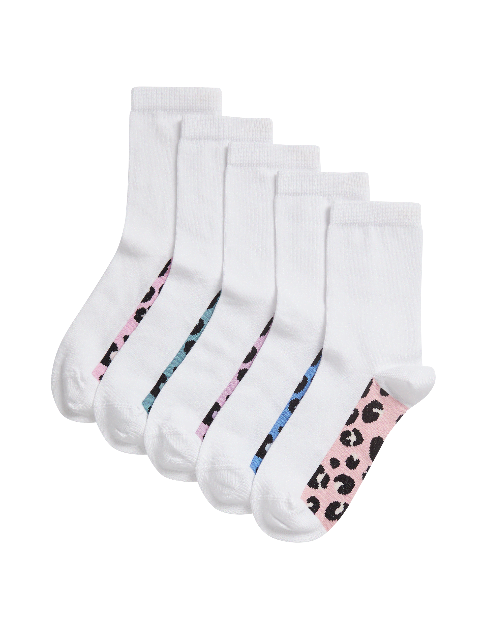 M&S Collection Girls 5pk Cotton Rich Leopard Print School Socks (6 Small - 7 Large) - 8-12 - White, 