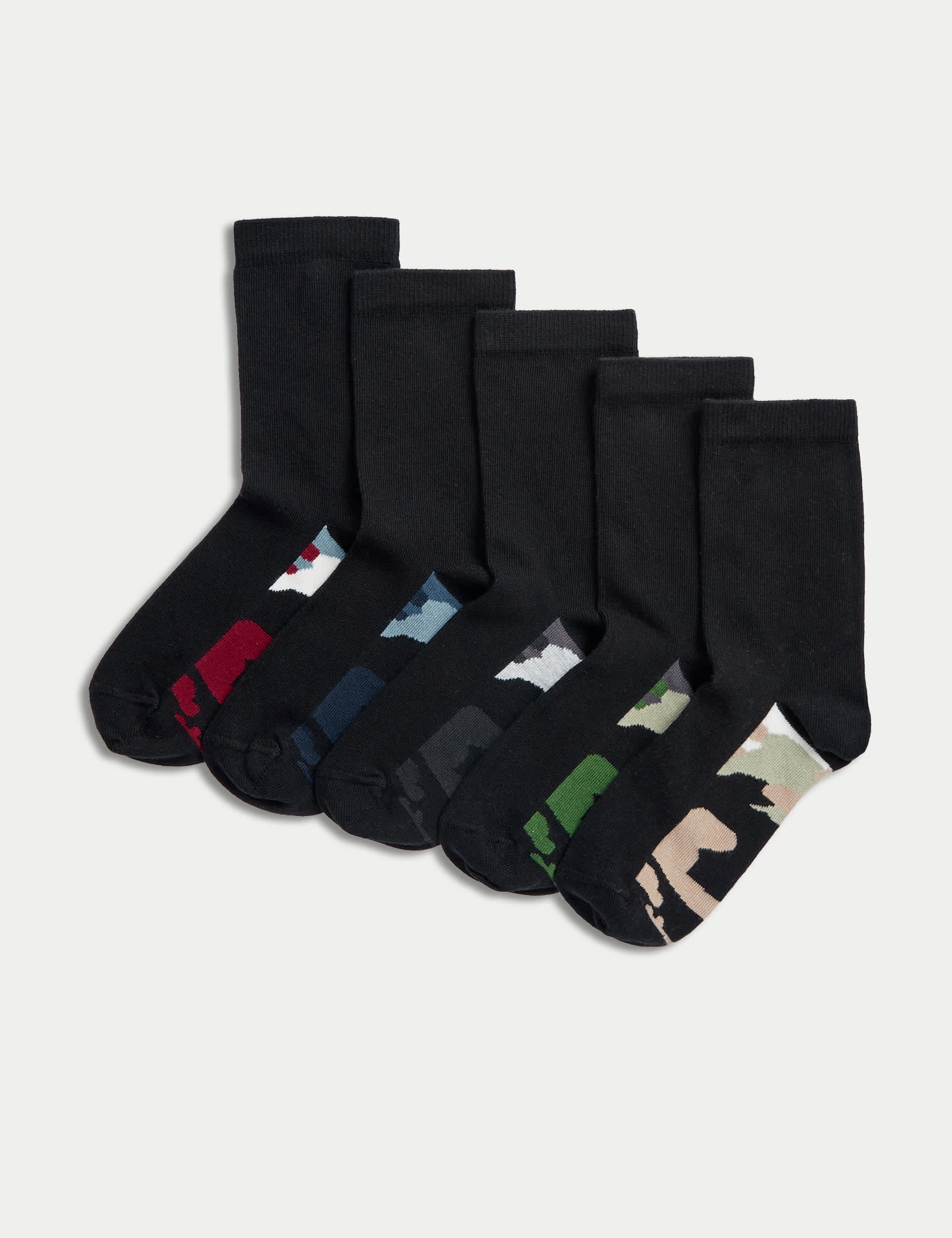 M&S 5pk Cotton Rich Camo Sole School Socks (6 Small-7 Large) - 12+3+ - Black, Black