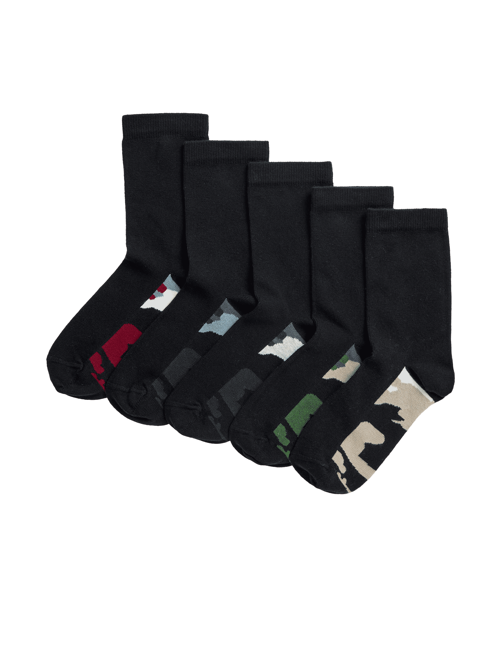 M&S Collection 5pk Cotton Rich Camo Sole School Socks (6 Small-7 Large) - 8-12 - Black, Black