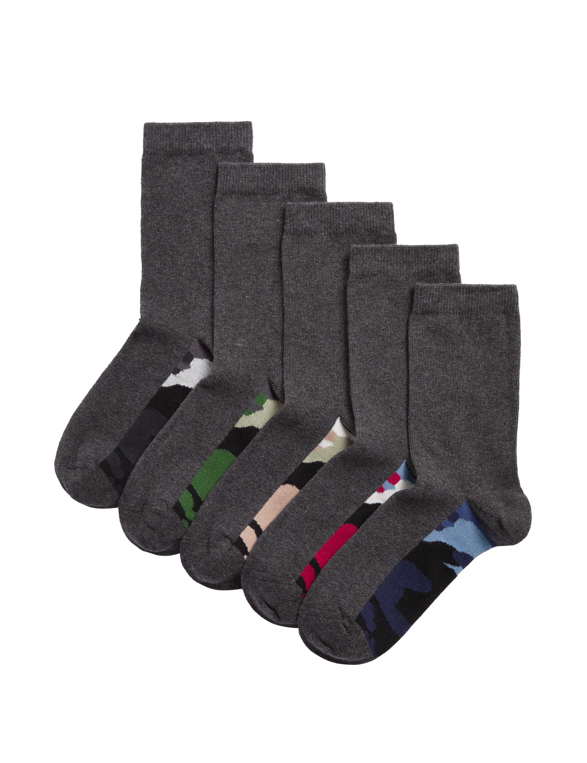 M&S Collection 5pk Cotton Rich Camo Sole School Socks (6 Small - 7 Large) - 8-12 - Grey, Grey