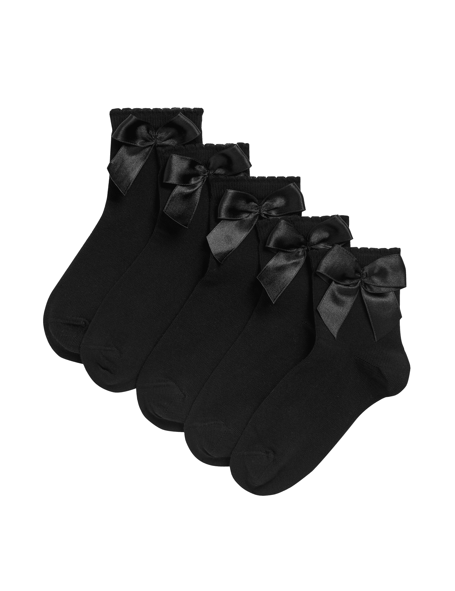 M&S Collection Girls 5pk Cotton Rich Ankle Bow Socks (6 Small-7 Large) - 8-12 - Black, White,Black,G