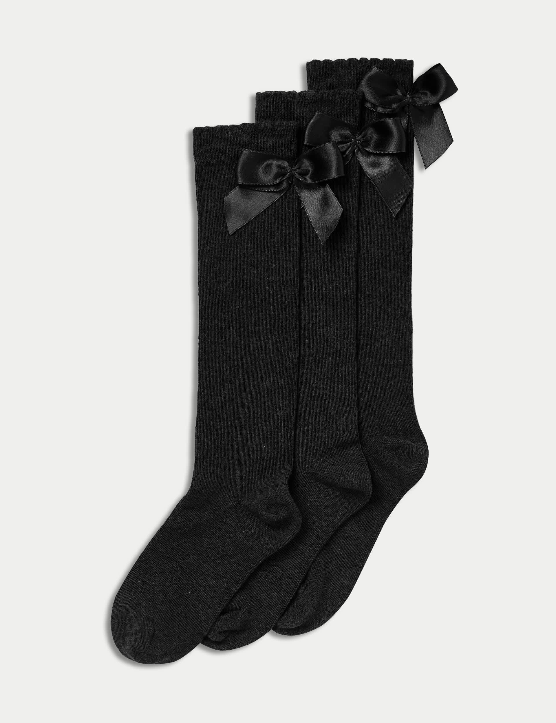 M&S Collection Girls 3p Cotton Rich Picot Knee High Bow Socks (6-8 Small - 4-7 Large) - 8-12 - Blac