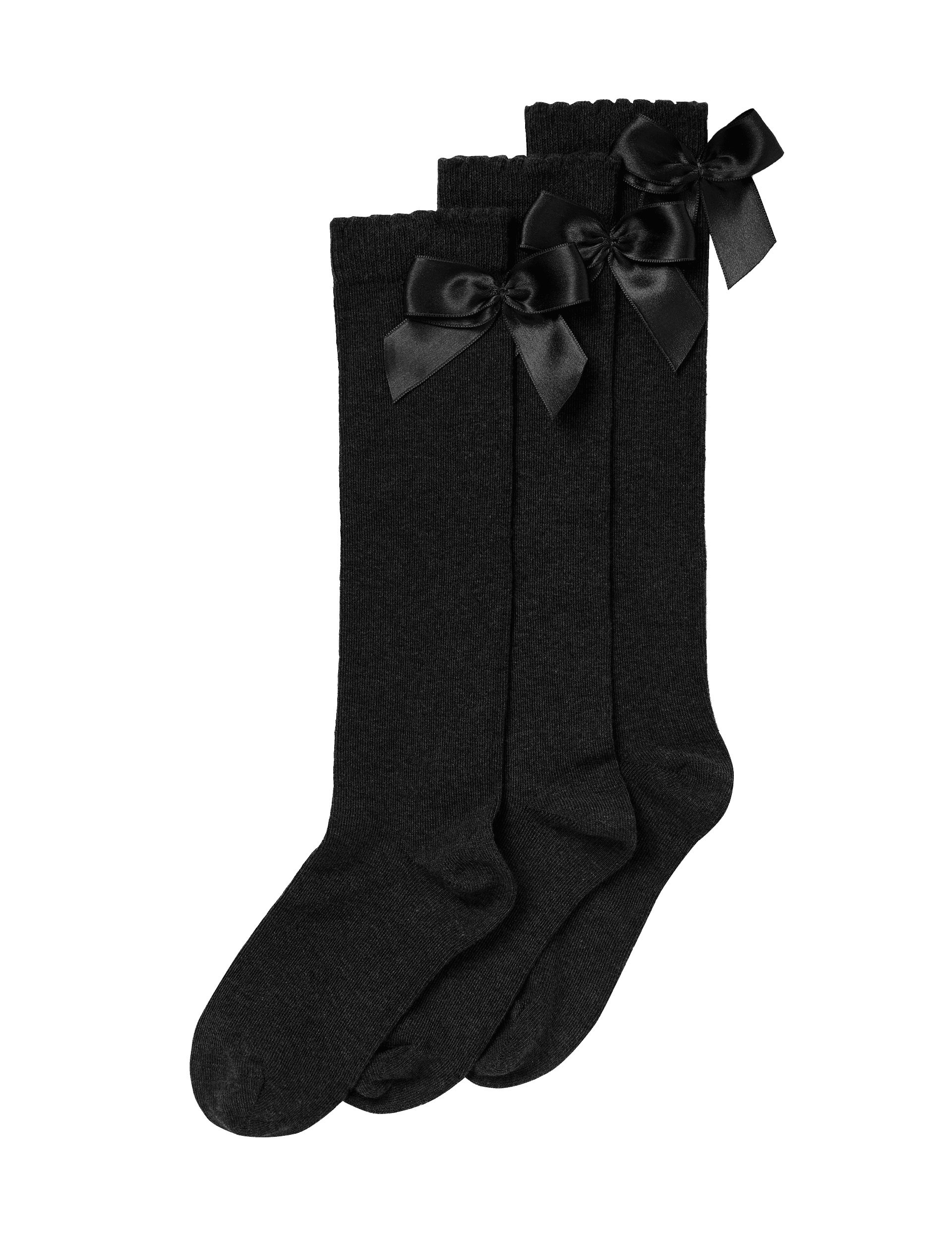 M&S Collection Girls 3p Cotton Rich Picot Knee High Bow Socks (6-8 Small - 4-7 Large) - 8-12 - Blac