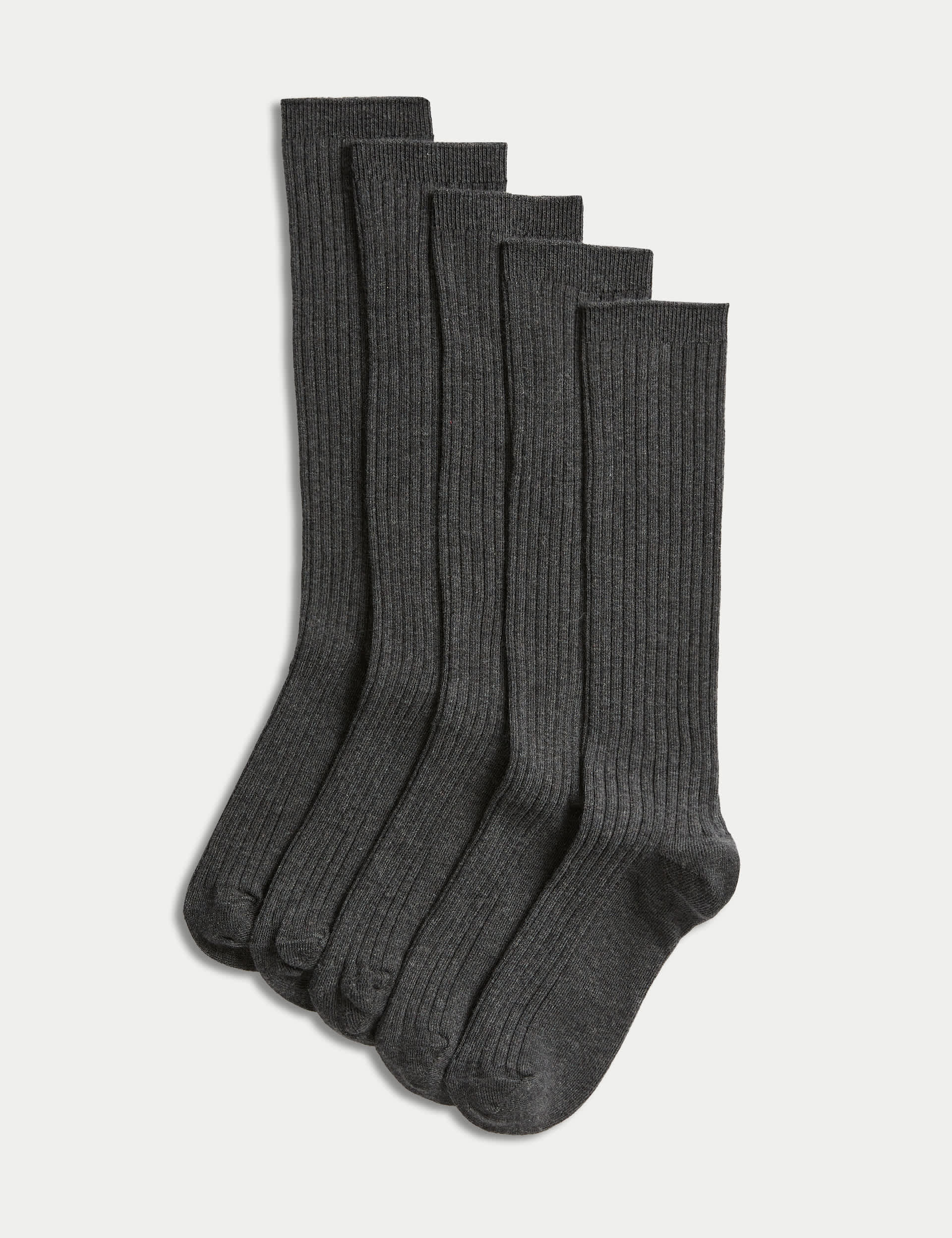 M&S Collection Boys 5pk of Long Ribbed School Socks - 8-12 - Grey, Grey