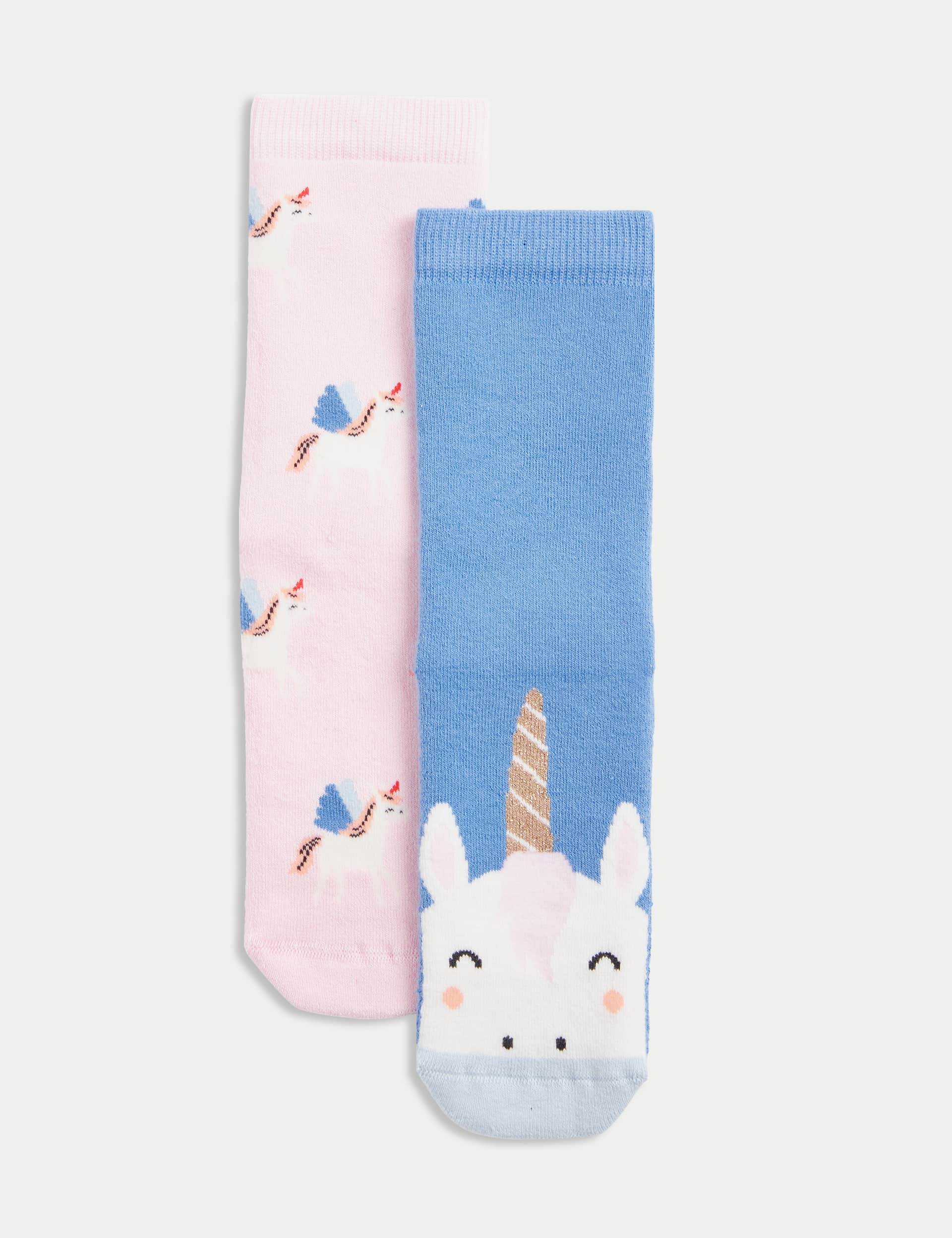 M&S Girls 2pk Cotton Rich Terry Unicorn Slipper Socks (6 Small