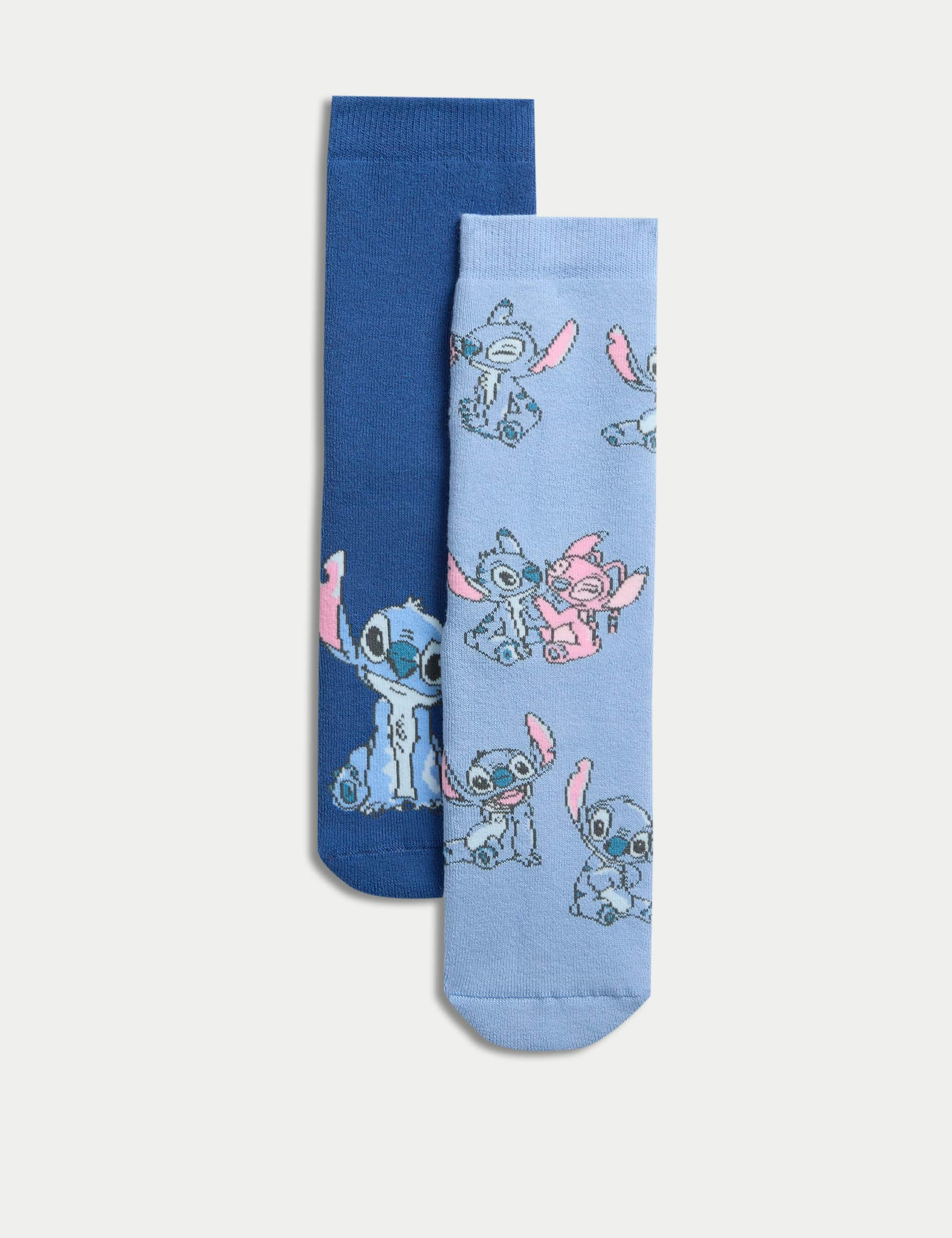 M&S Girls 2pk Cotton Rich Lilo & Stitch Slipper Socks (6 Small - 7 Large) - 12+3+ - Multi, Multi