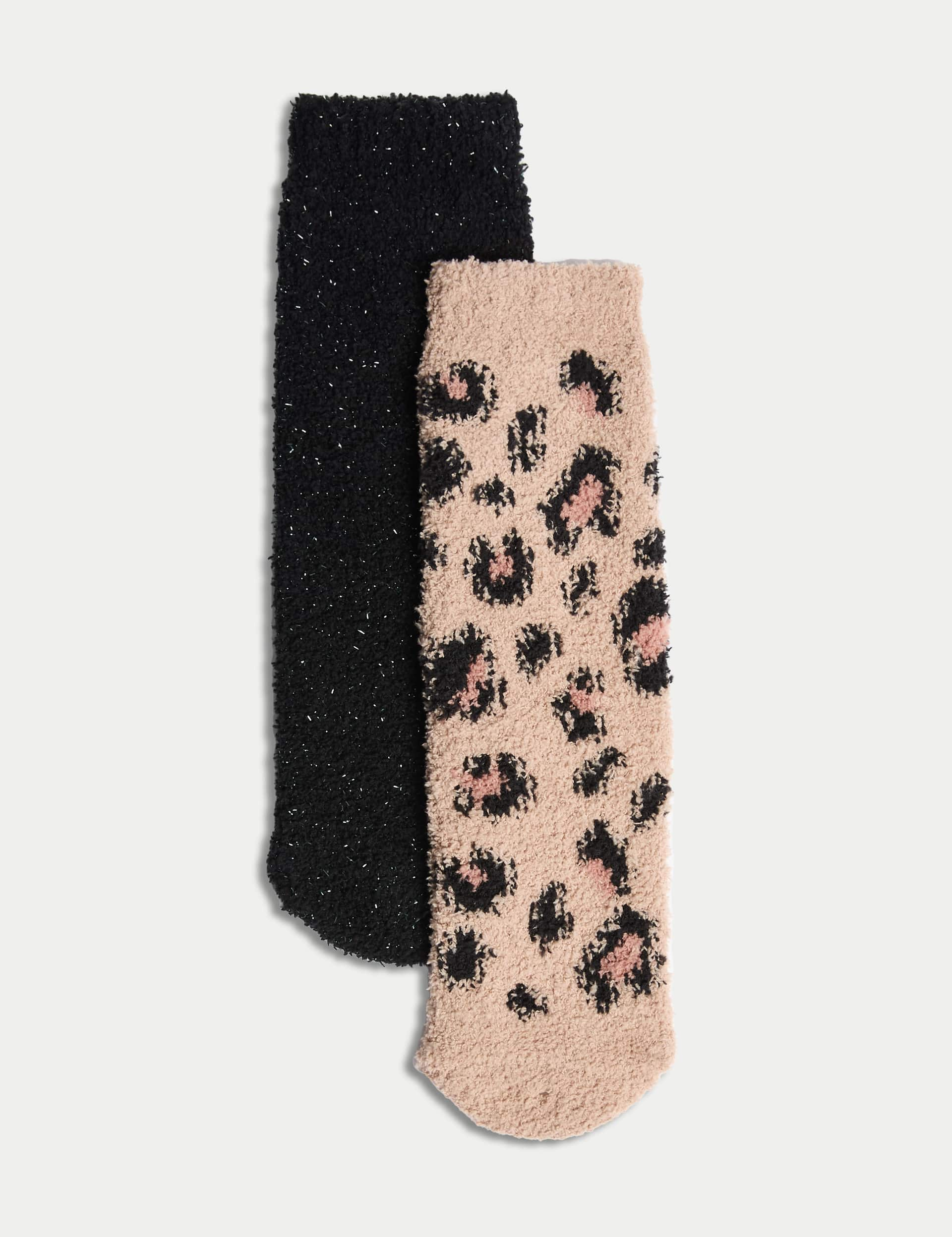 M&S Girls 2pk Leopard & Glitter Cosy Slipper Socks - 8-12 - Black Mix, Black Mix