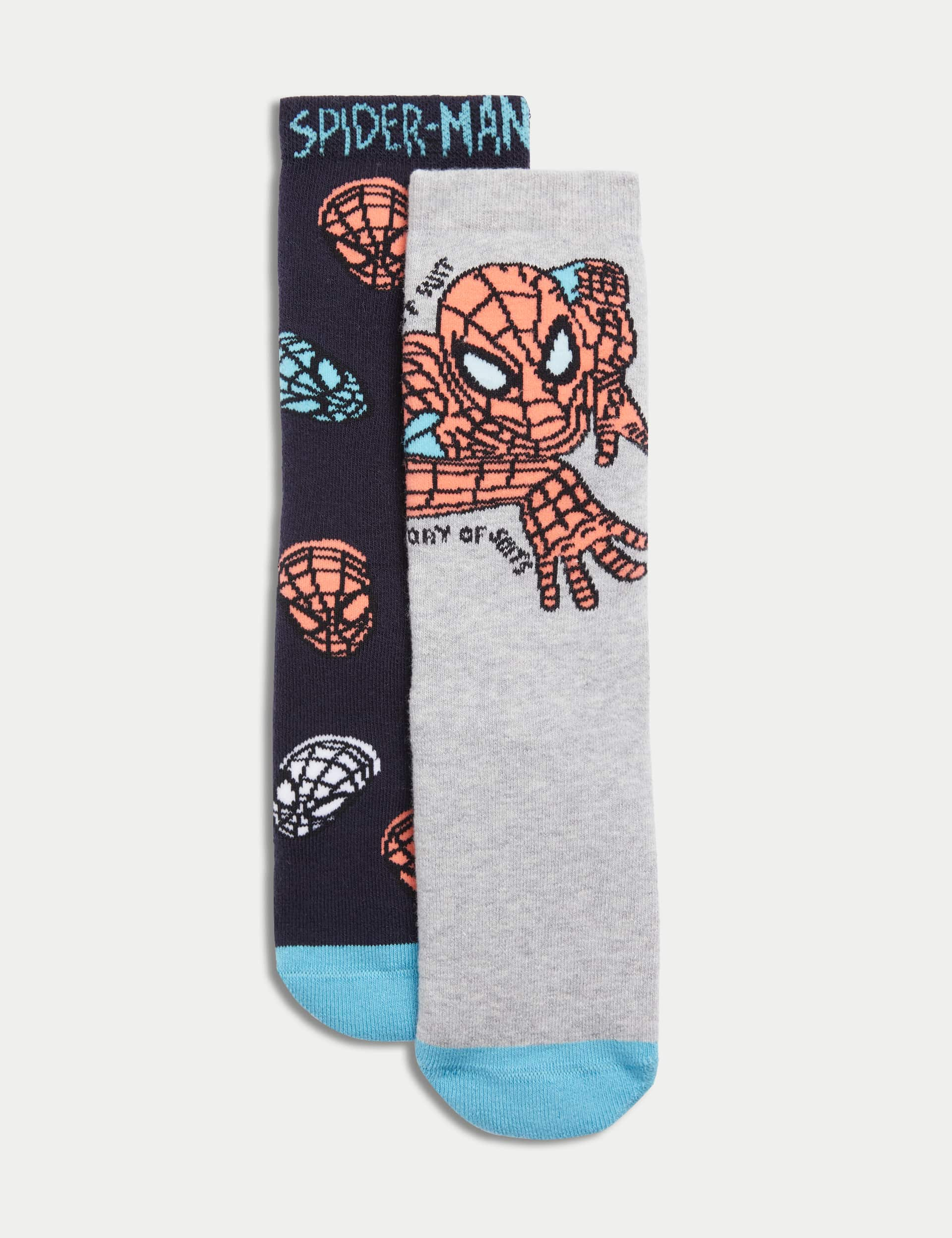 M&S Boys 2pk Cotton Rich Spider-Man Slipper Socks (6 Small - 7 Large) - 8-12 - Grey Mix, Grey Mix