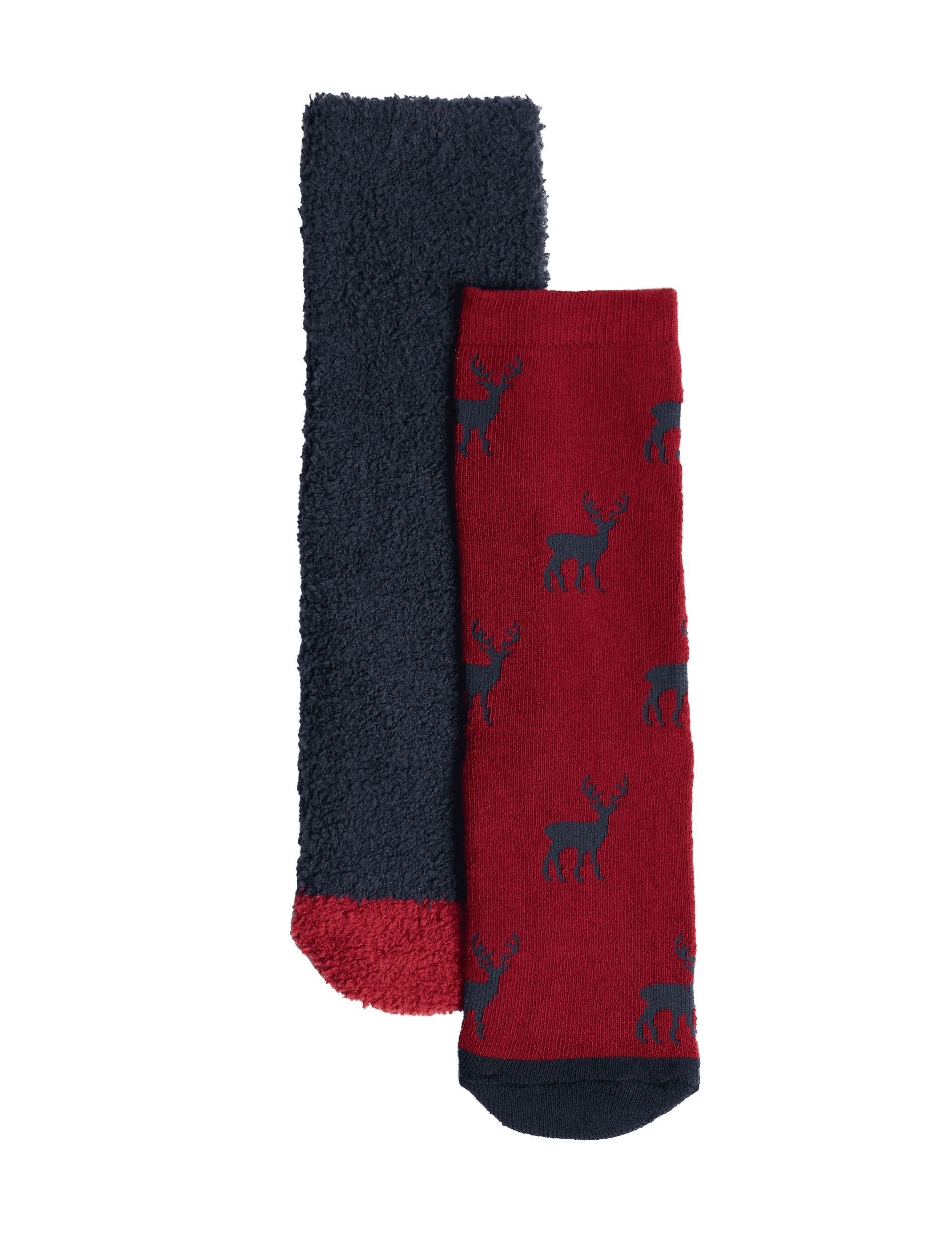 M&S Collection Boys 2 Pack Stag & Check Cosy Slipper Socks (6 Small - 7 Large) - 12+3+ - Dark Red Mi