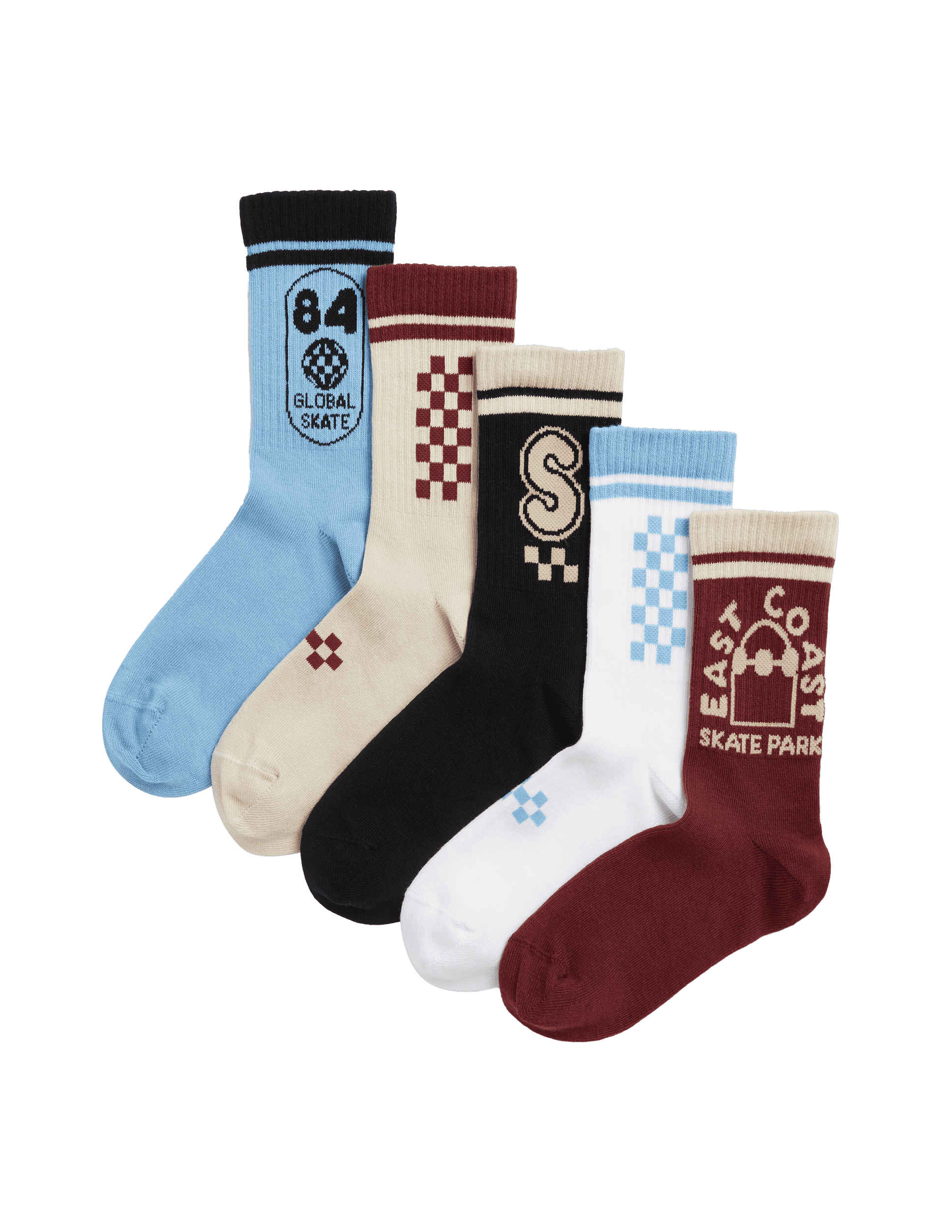 M&S Collection 5pk Cotton Rich Ribbed Skater Sports Socks (6 Small-7 Large) - 8-12 - Multi, Multi