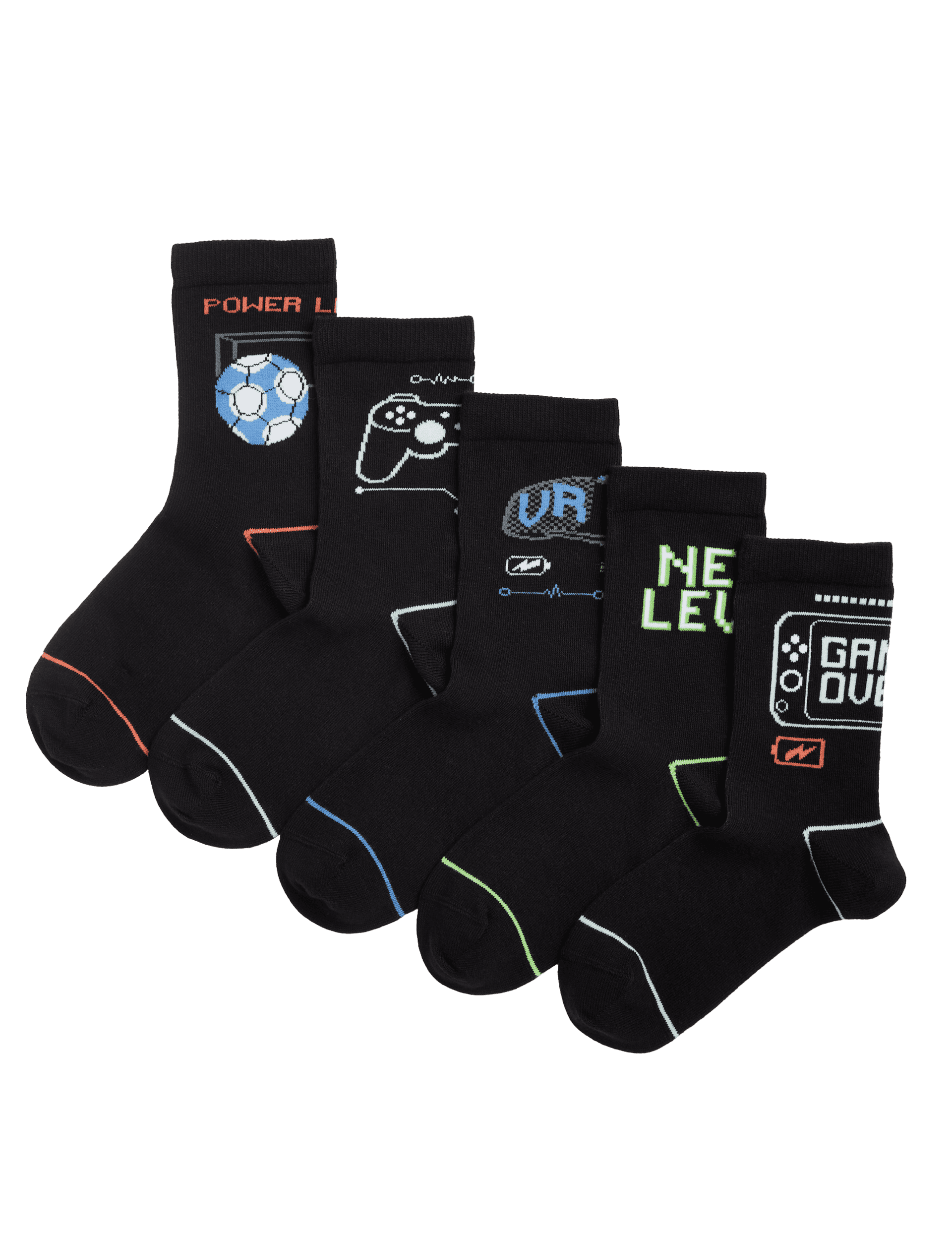 M&S Collection Boys 5pk Cotton Rich Gaming Football Socks (6 Small - 7 Large) - 8-12 - Multi, Multi