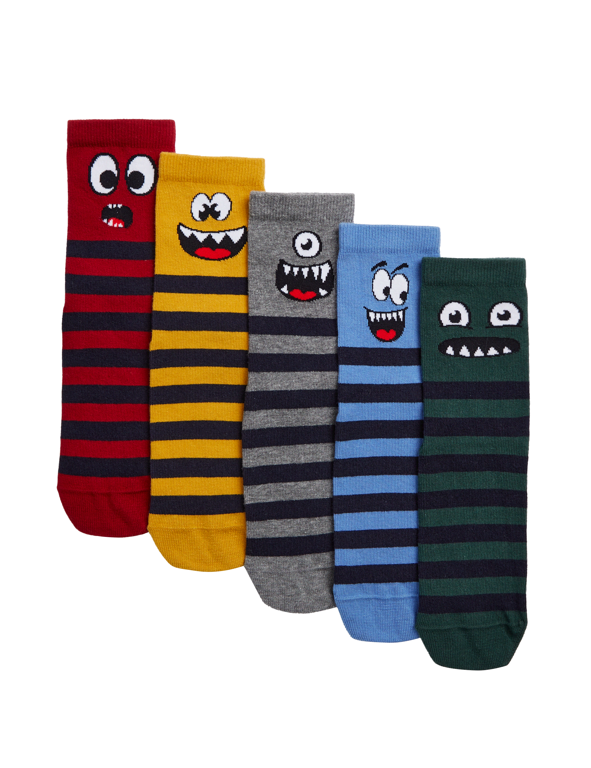 M&S Collection Boys 5pk Cotton Rich Monster Stripe Socks (6 Small - 7 Large) - 4-7 - Multi, Multi