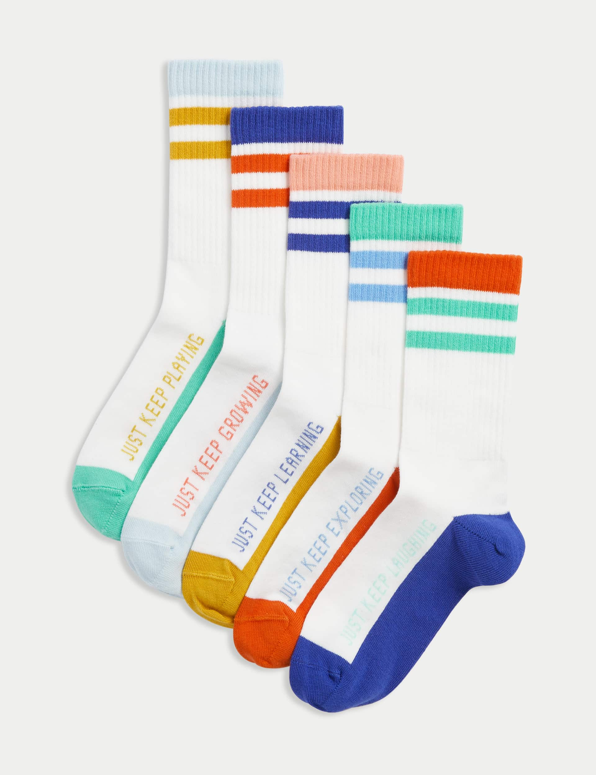 M&S 5pk Cotton Rich Slogan Sports Socks (6 Small - 7 Large) - 6-8+ - Multi, Multi