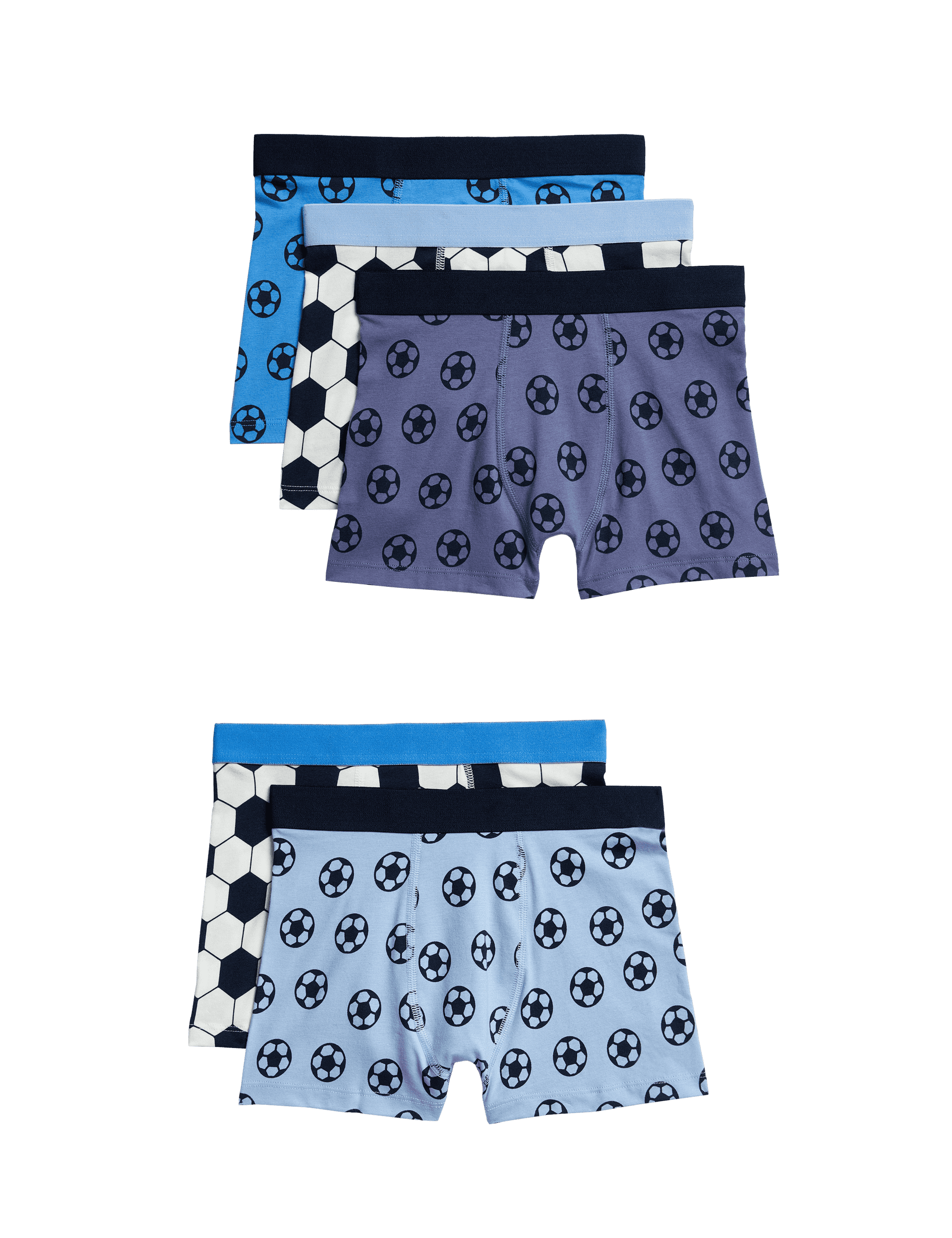 M&S Collection Boys 5pk Cotton with Stretch Football Trunks (5-12 Yrs) - 5-6 Y - Blue Mix, Blue Mix