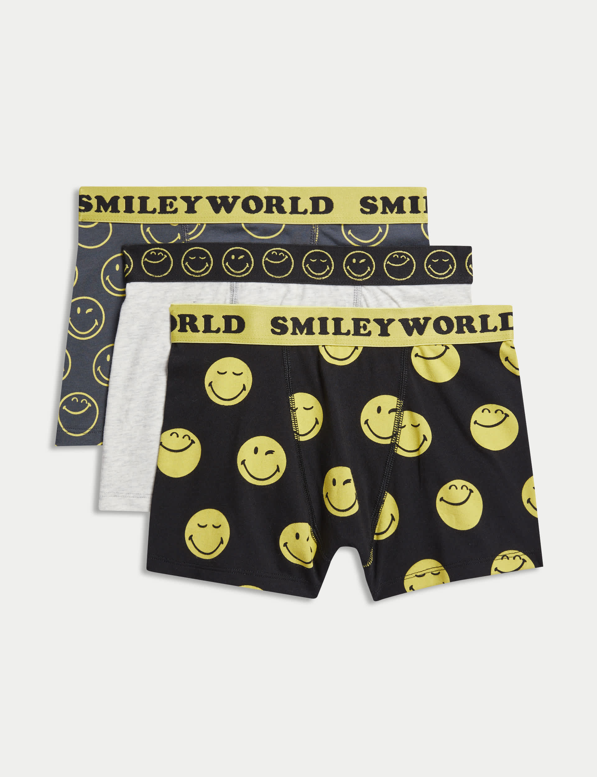 M&S Boys 3pk Cotton with Stretch SmileyWorld Trunks (5-16 Yrs) - 7-8 Y - Black Mix, Black Mix