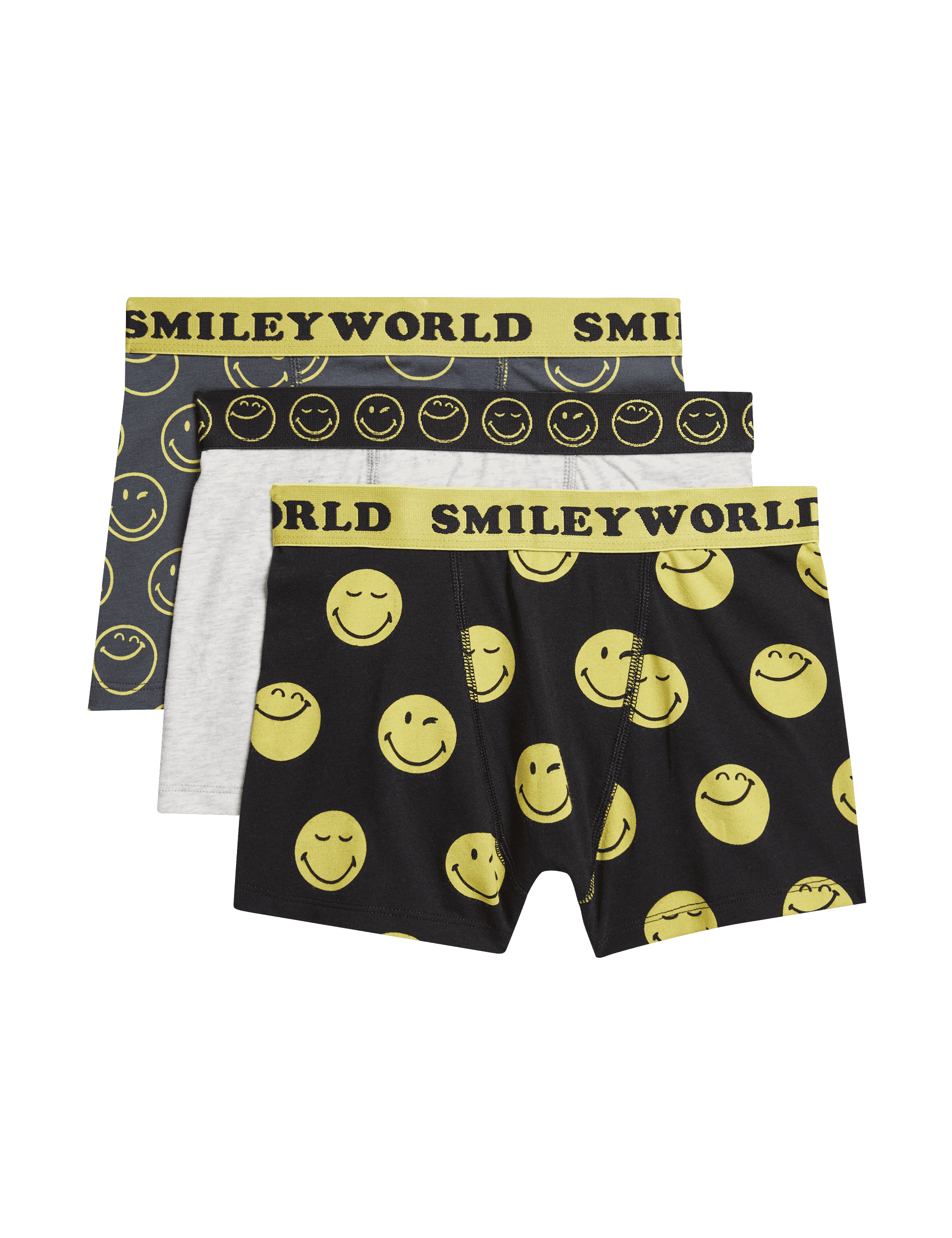 M&S Collection Boys 3pk Cotton with Stretch SmileyWorld Trunks (5-16 Yrs) - 6-7 Y - Black Mix, Blac