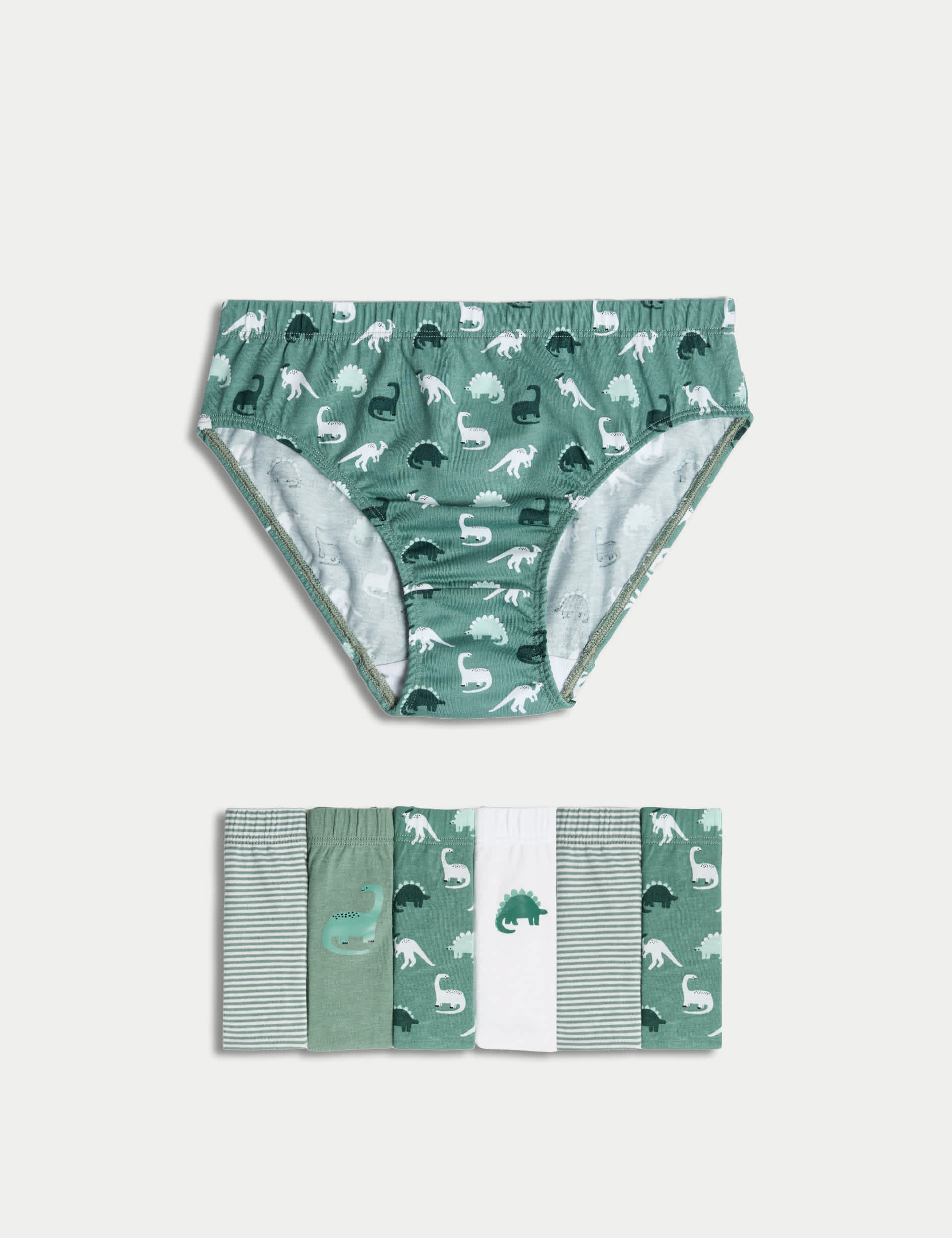 M&S Boys 7pk Pure Cotton Dinosaur & Striped Briefs (2-8 Yrs) - 5-6 Y - Green Mix, Green Mix