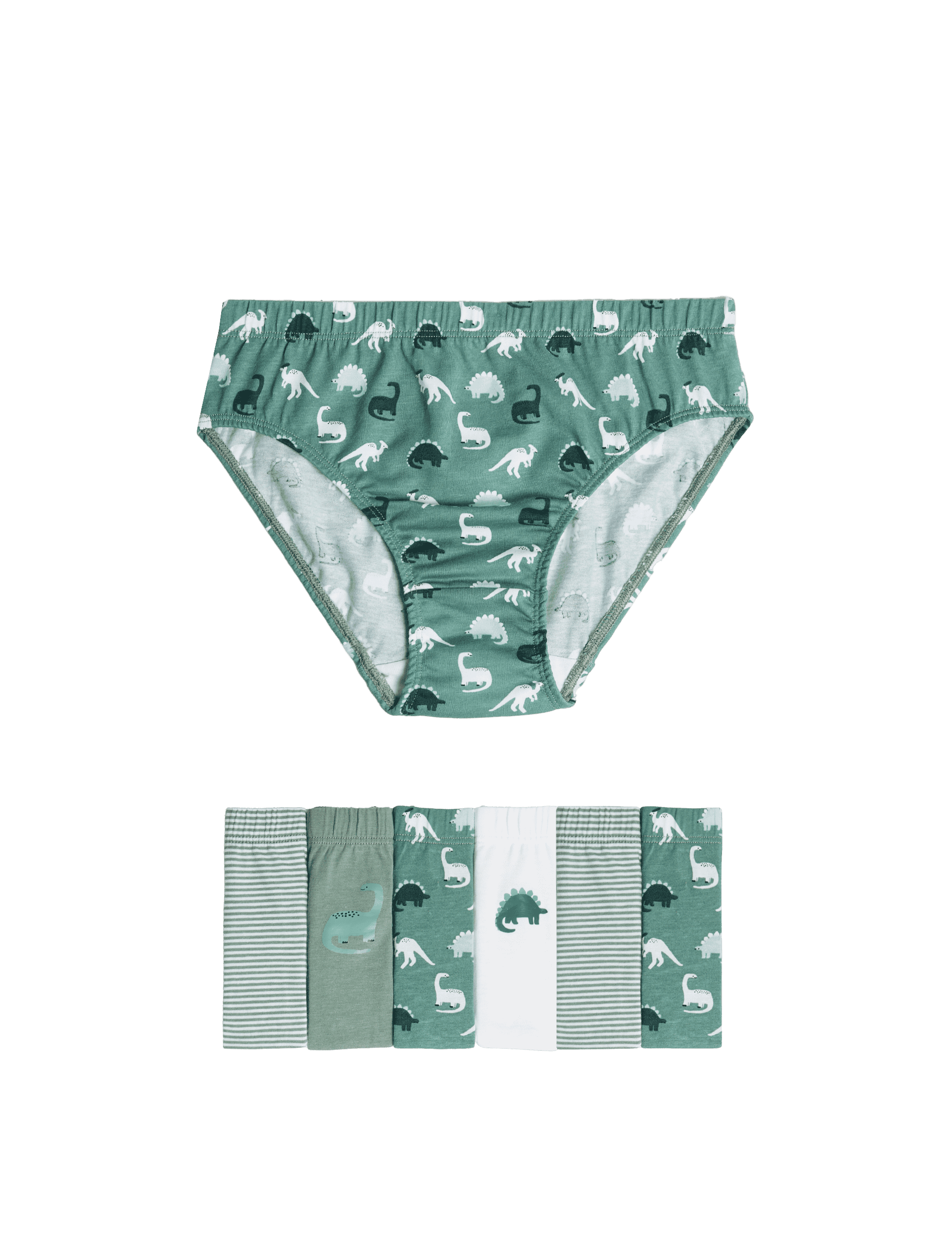 M&S Collection Boys 7pk Pure Cotton Dinosaur & Striped Briefs (2-8 Yrs) - 7-8 Y - Green Mix, Green M