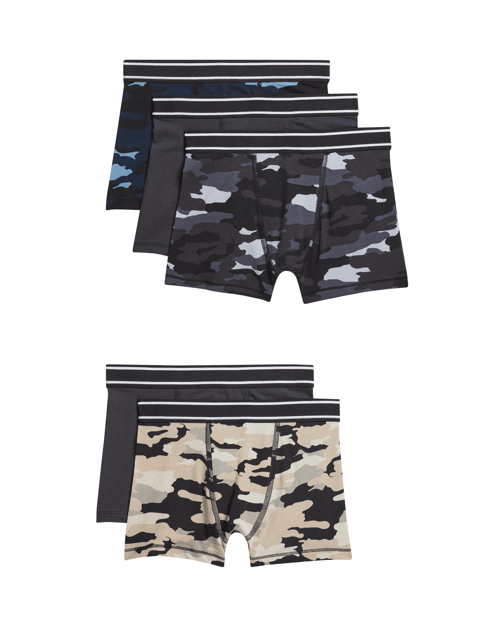 M&S Collection Boys 5pk Cotton with Stretch Camo Trunks (5-16 Yrs) - 5-6 Y - Black Mix, Black Mix