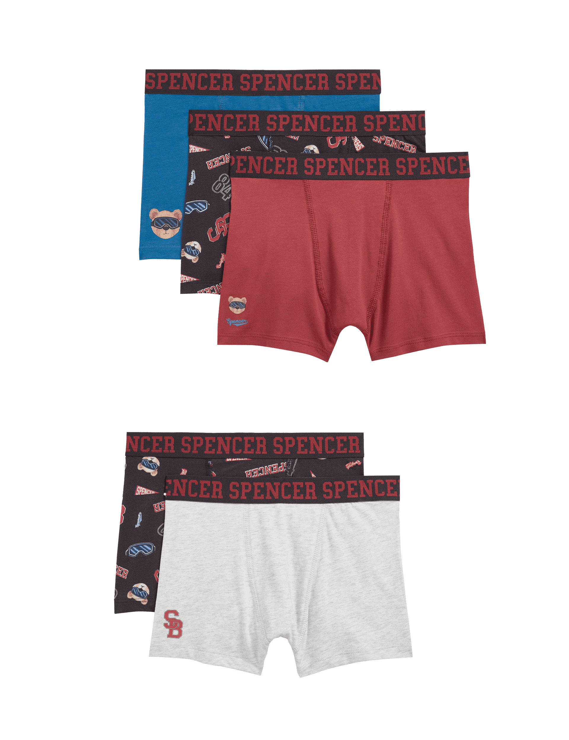 Spencer Bear Boys 5pk Cotton with Stretch Spencer Bear Trunks (5-14 Yrs) - 6-7 Y - Multi, Multi