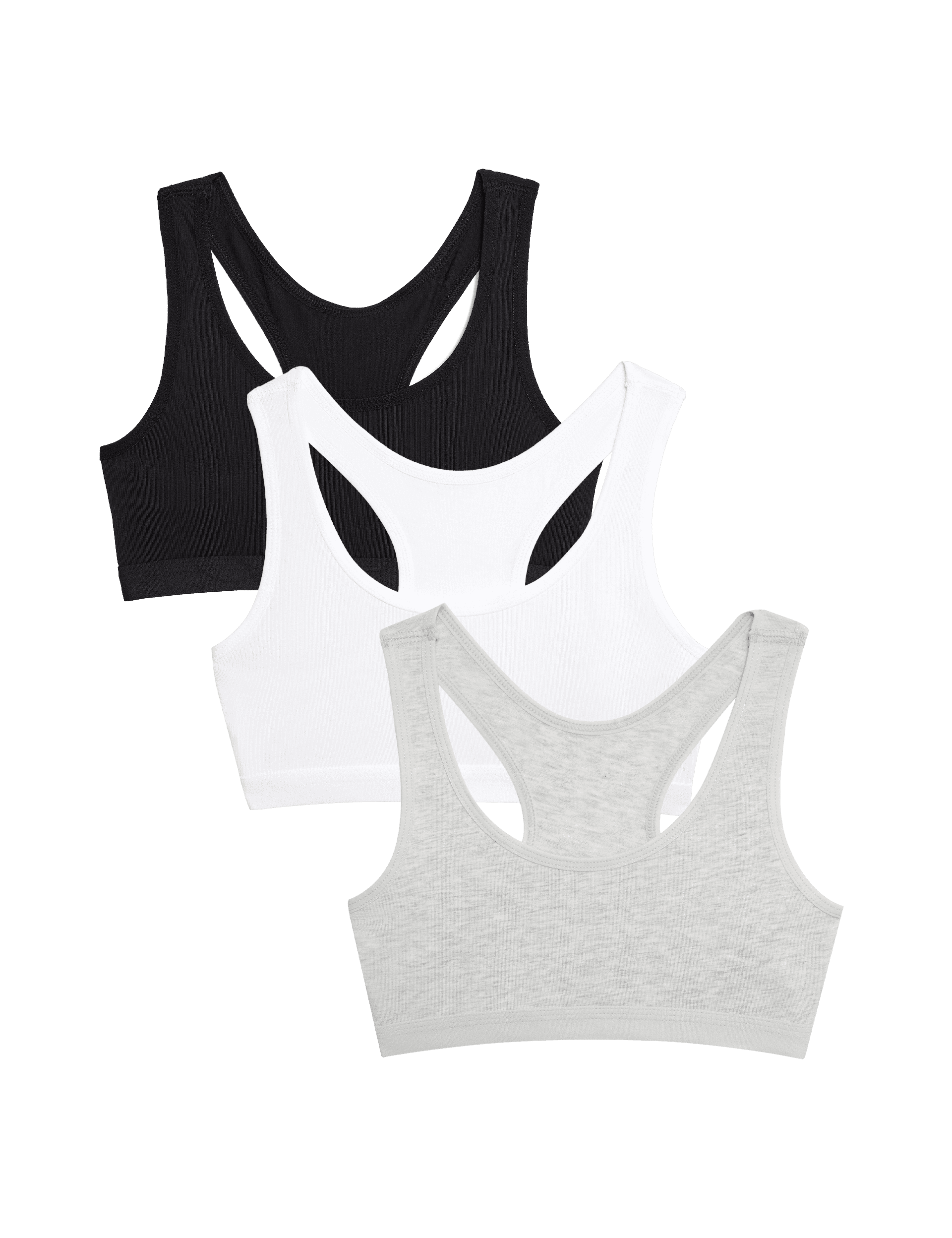 M&S Collection Girls 3pk Cotton with Stretch Crop Tops (6-16 Yrs) - 8-9 Y - Grey Mix, Grey Mix