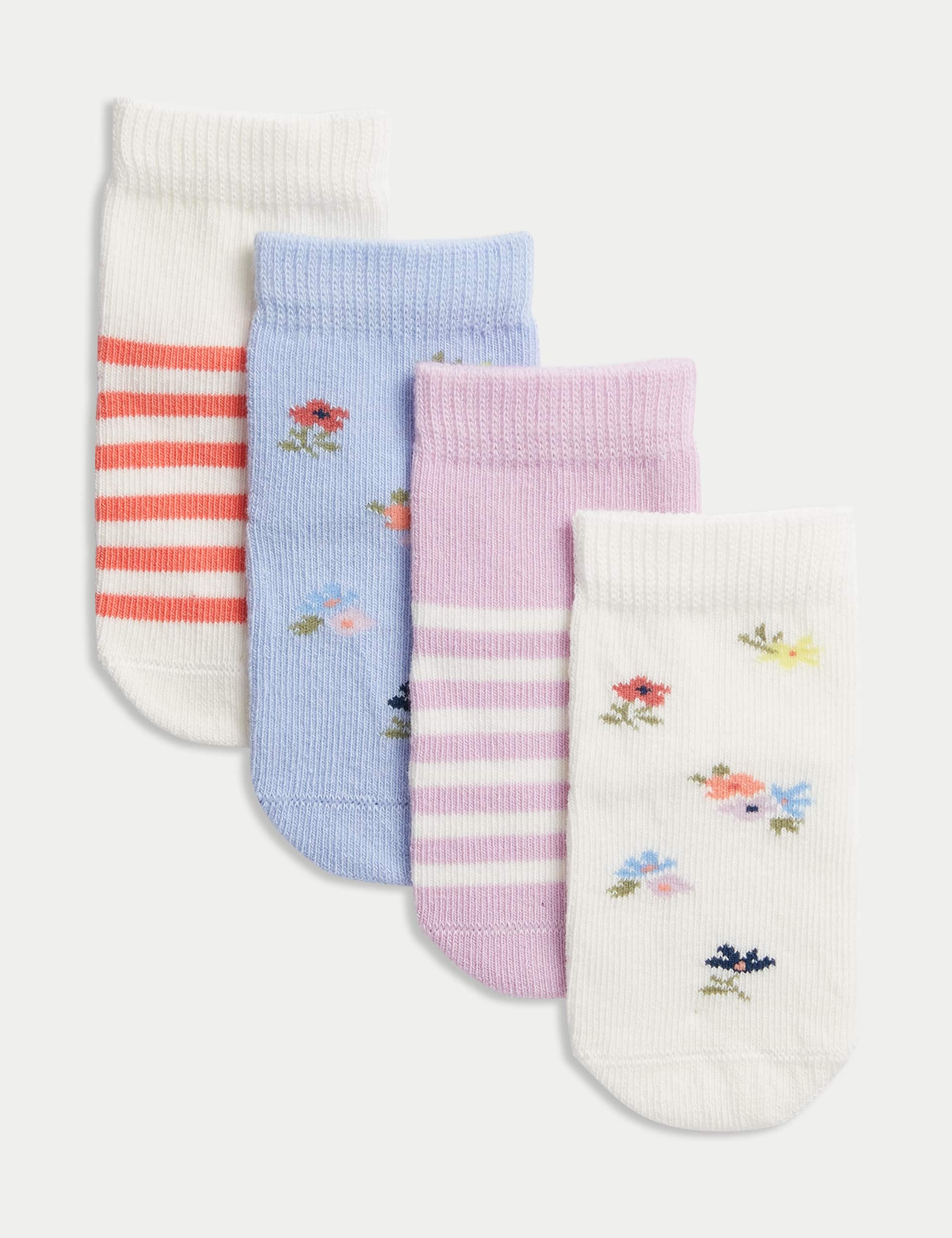M&S Girls 4pk Cotton Rich Patterned Socks