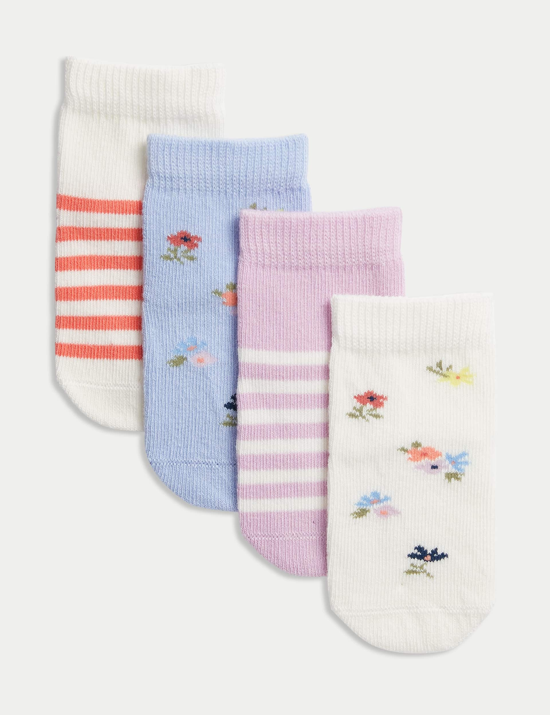 M&S Girls 4pk Cotton Rich Patterned Socks - 2-3Y - Multi, Multi