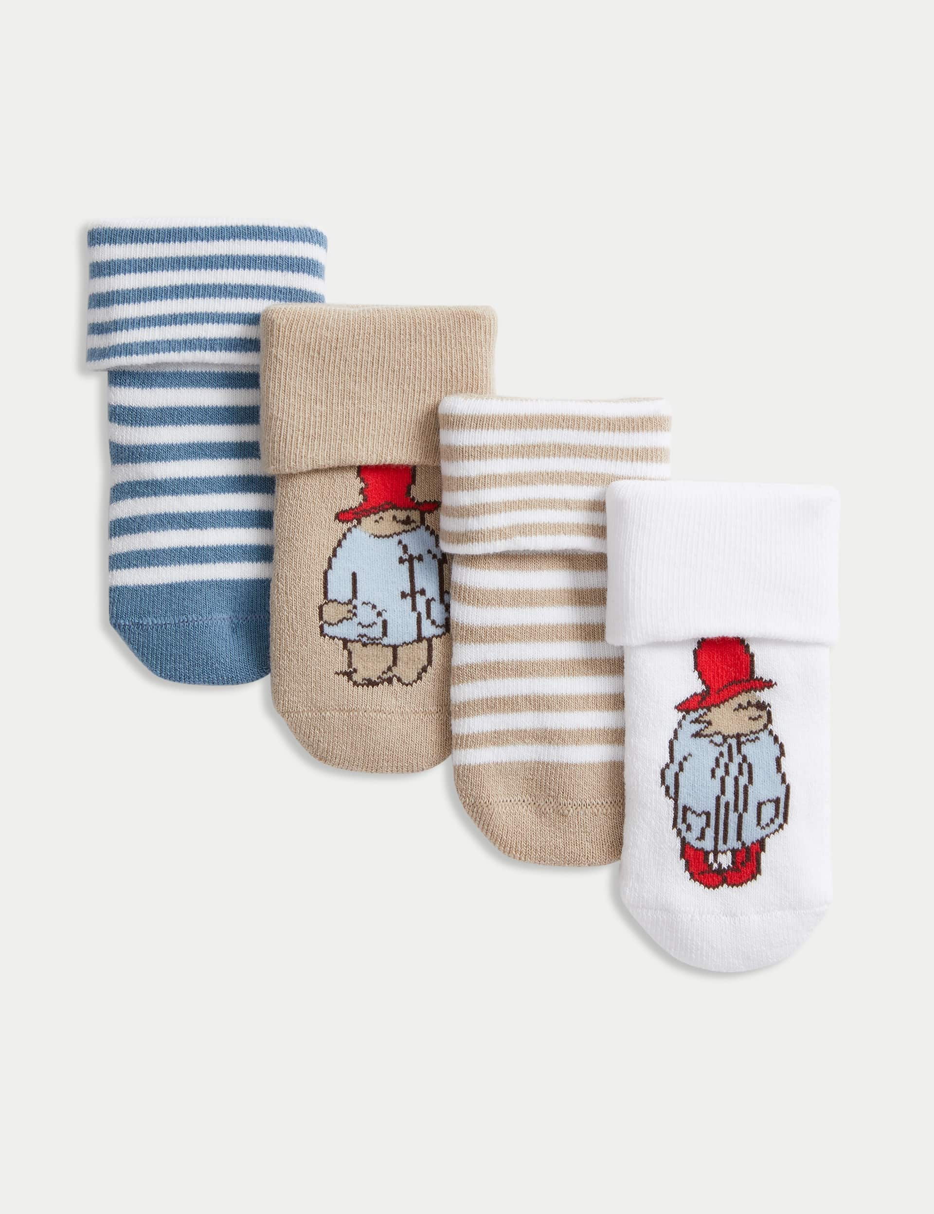 M&S 4pk Cotton Rich Paddington Socks - 12-24 - Multi, Multi