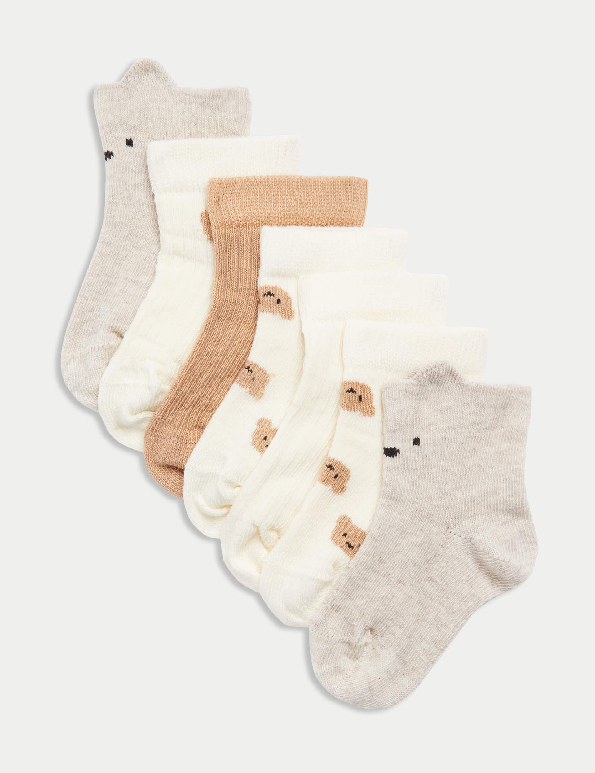 M&S 7pk Cotton Rich Spencer Bear  Baby Socks (0-3 Yrs)